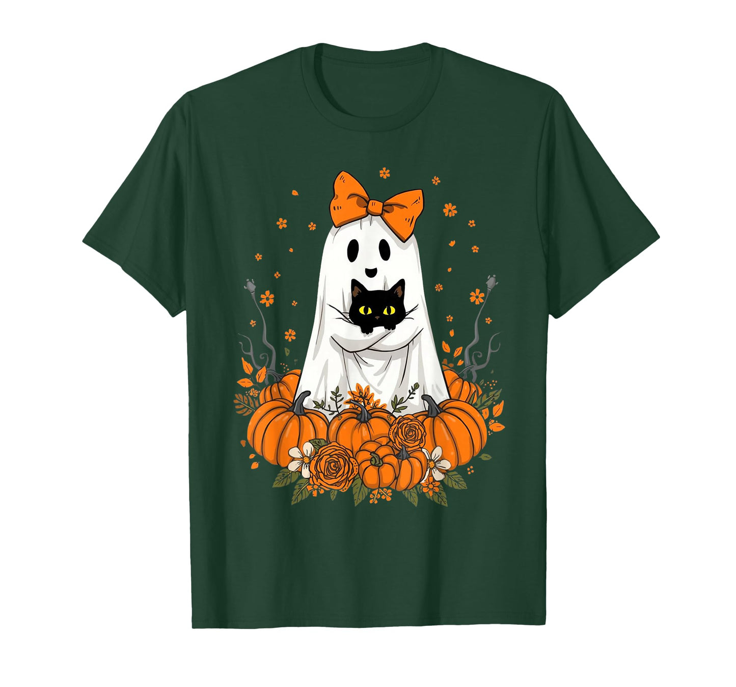 Vintage Halloween Ghost Holding Cat Groovy Floral Cat Meme T-Shirt