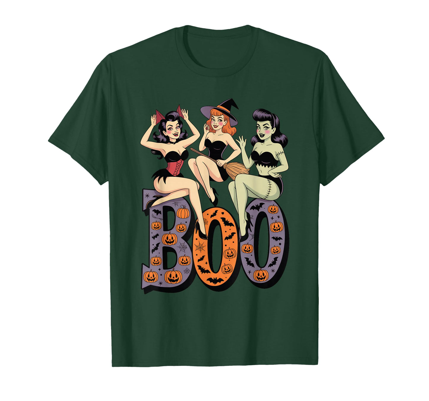 Vintage Halloween Pinup Trio Retro Boo Witches Devil Monster T-Shirt