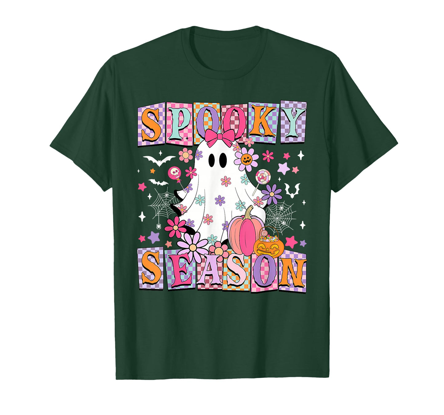 Floral Halloween Ghost Checkered Spooky Season Women Girls T-Shirt