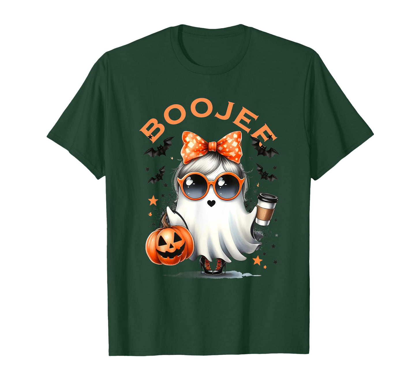 Boo Jee Ghost With Coffee Coquette Bow Halloween Women Girl T-Shirt