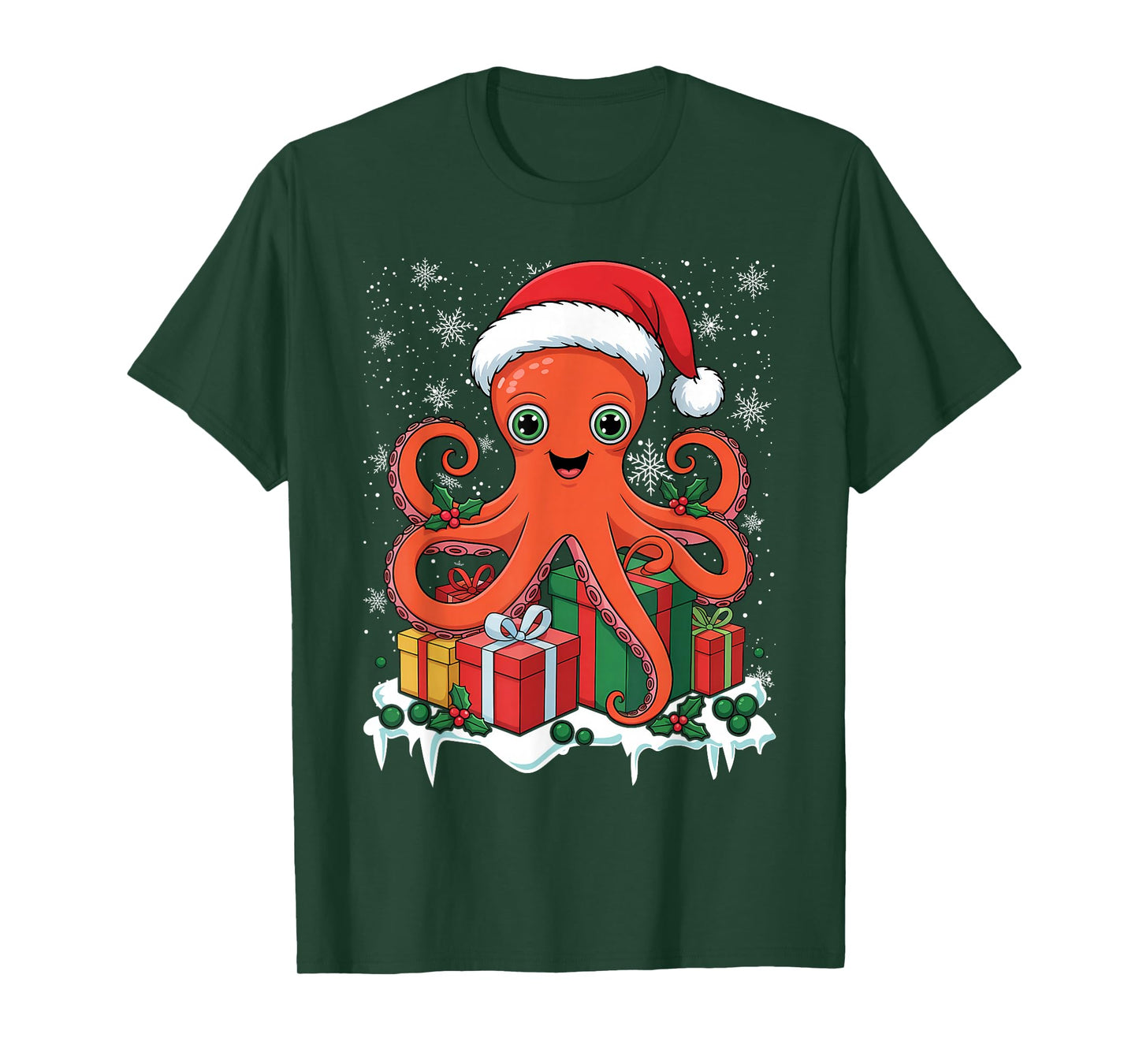 Christmas Octopus Or Kraken with Santa Hat Funny Idea T-Shirt