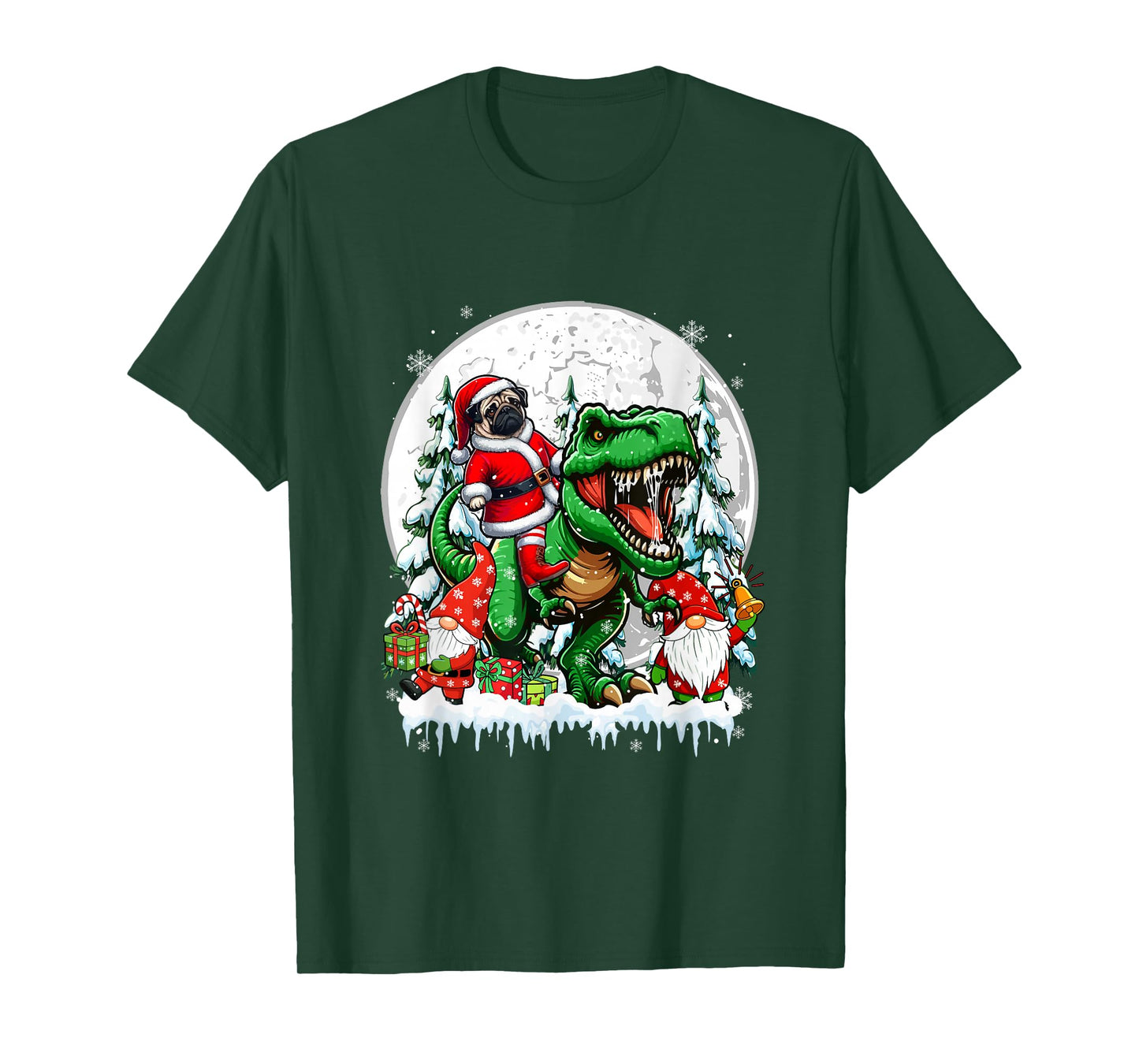 Santa Dog Riding T-Rex Gnomes Christmas Trees Family Kids T-Shirt
