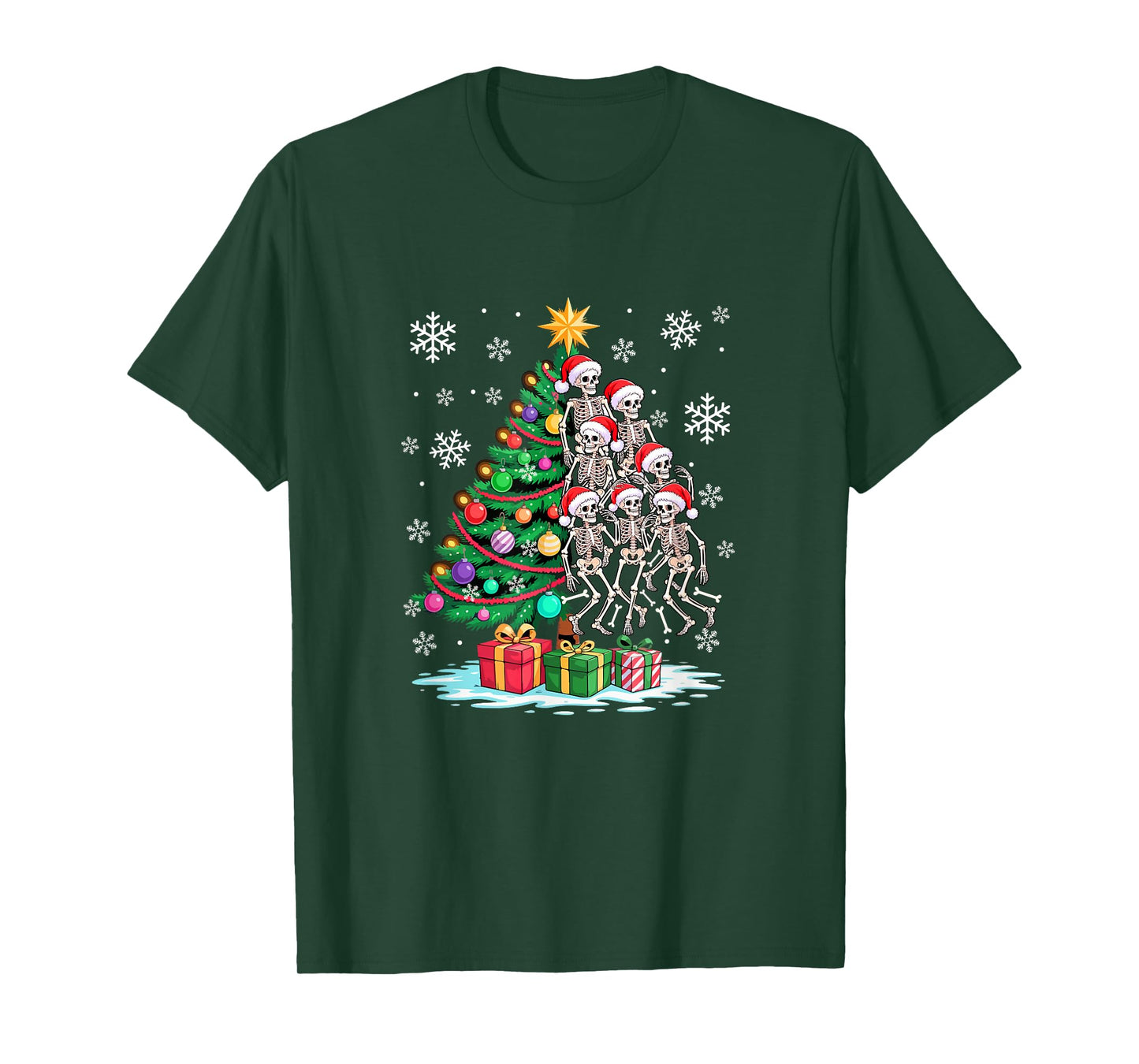 Decorating Colorful Xmas Tree Half Group Santa Skeletons T-Shirt