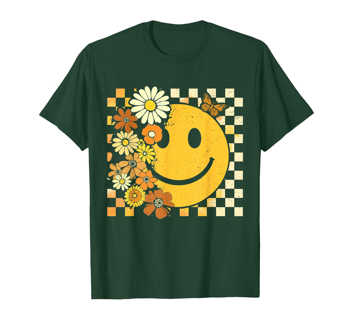 Boho Floral Checkered Smile Face Fall Vibes Thanksgiving T-Shirt
