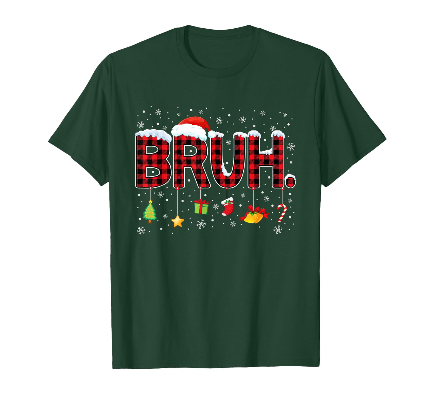 Bruh Funny Christmas Red Plaid Santa Hat Lights Xmas Pajamas T-Shirt