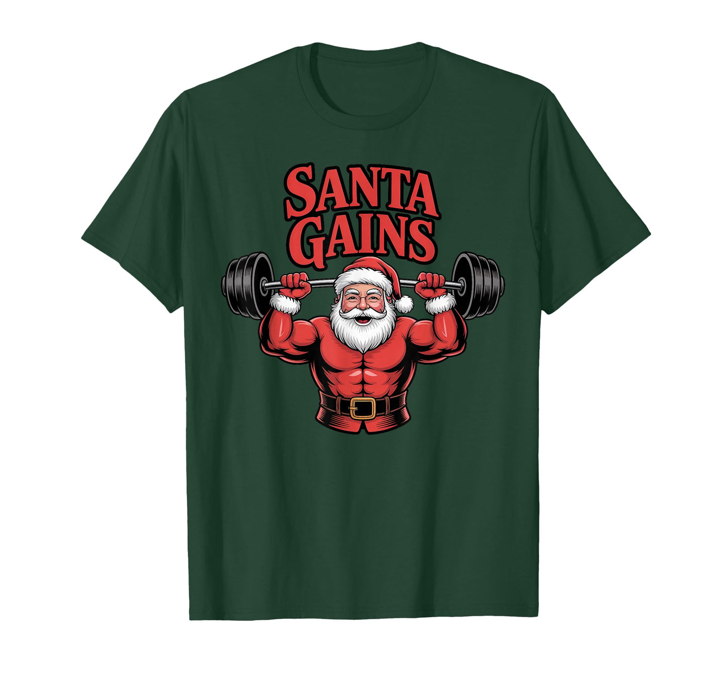 Santa Gains Festive Barbell Lifting Holiday Cheer Slogan T-Shirt