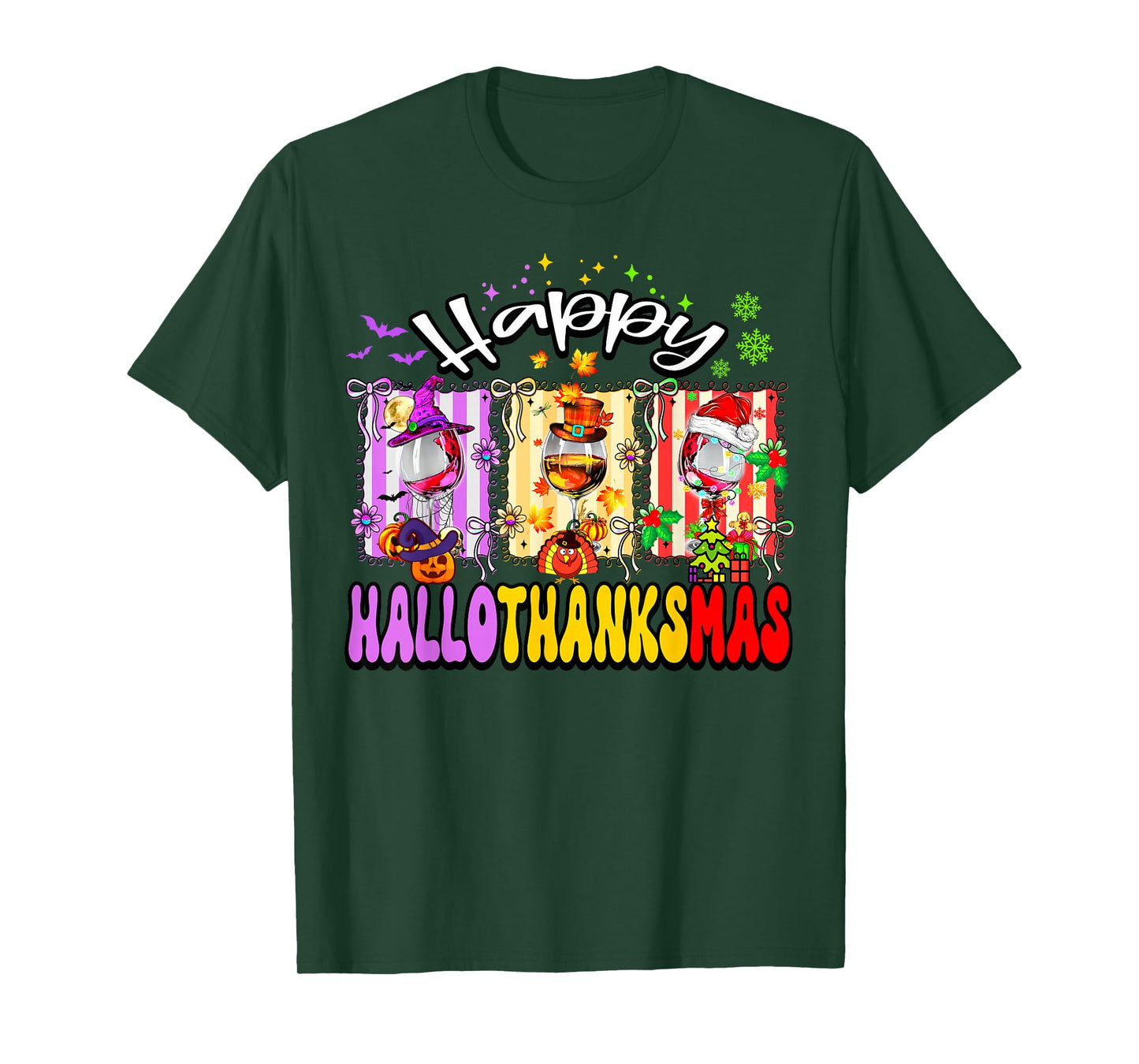 Happy Hallothanksmas Coquette Bow Wine Glass Holiday Mixed T-Shirt
