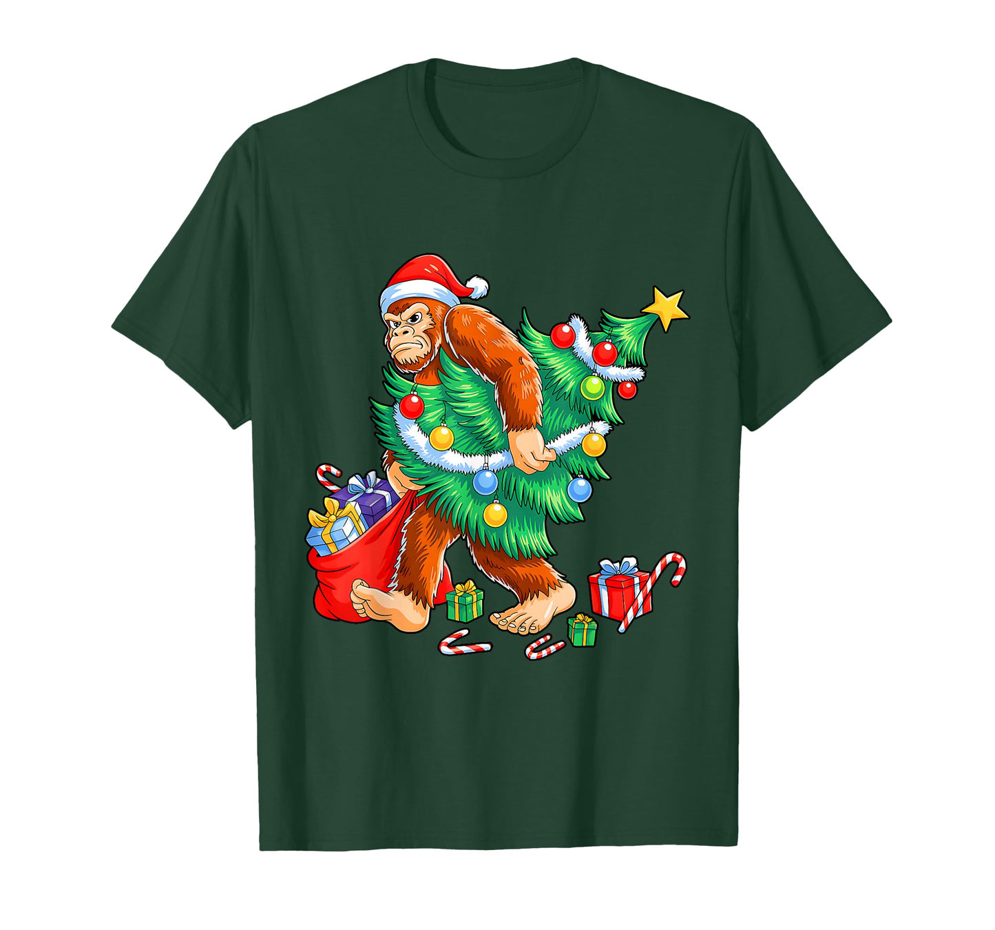 Funny Bigfoot Christmas Tree Lights Xmas Boys Men Sasquax T-Shirt