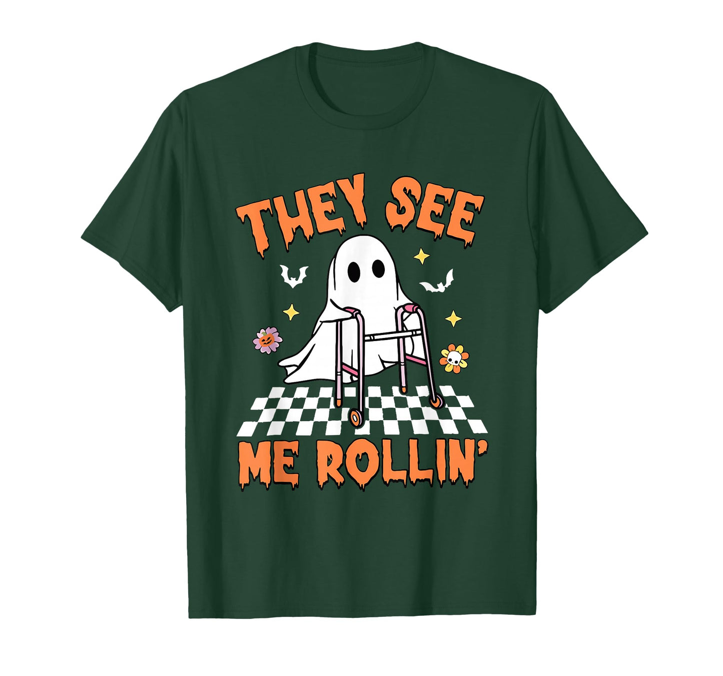 They See Me Rollin' Halloween Checkered Floral Ghost Therapy T-Shirt