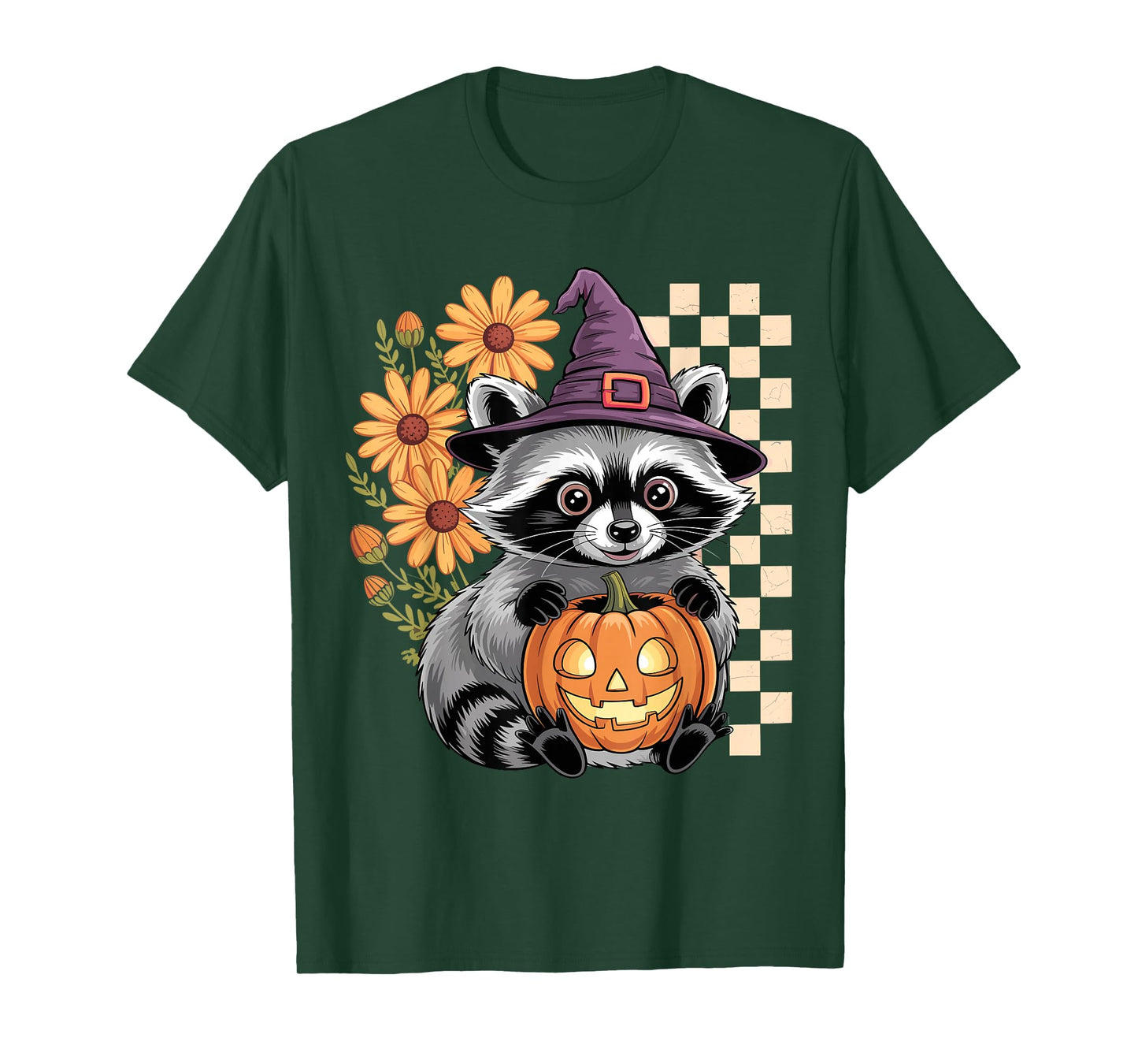 Cute Raccoon Halloween Pumpkin Fall Floral Spooky Witch Hat T-Shirt
