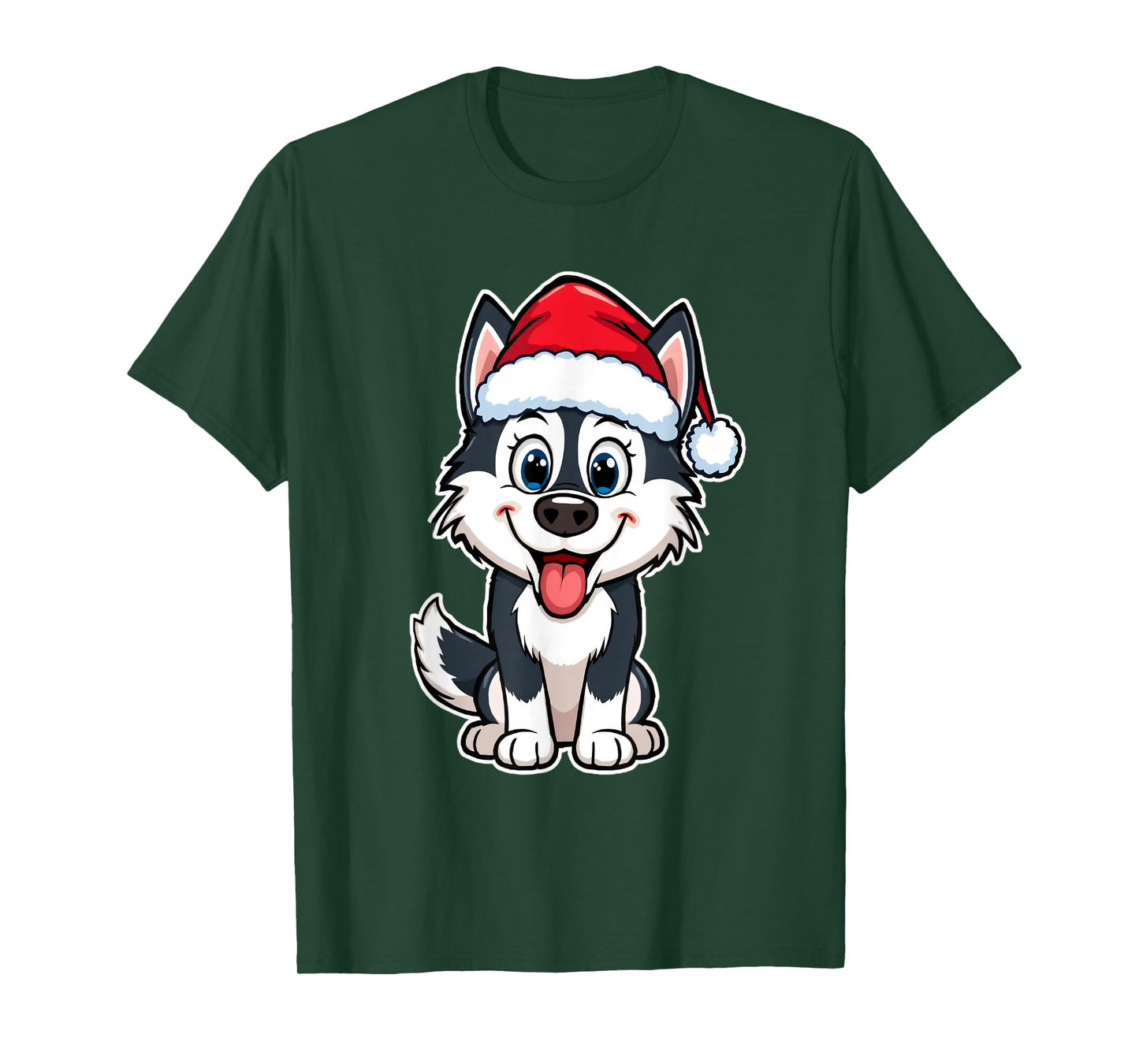 Christmas Cartoon Husky with Santa Hat Design T-Shirt