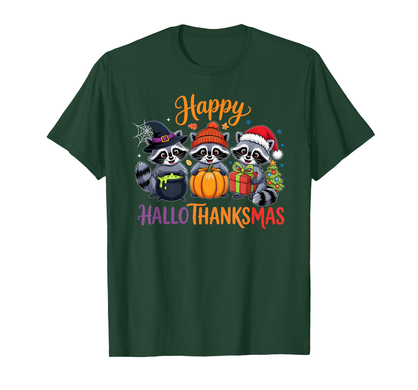 Halloween Thanksgiving Christmas Happy HalloThanksMas Raccon T-Shirt