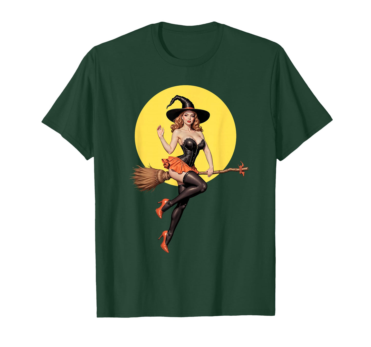 Sexy Halloween Witch Pin-Up Girl Riding A Broomstick T-Shirt