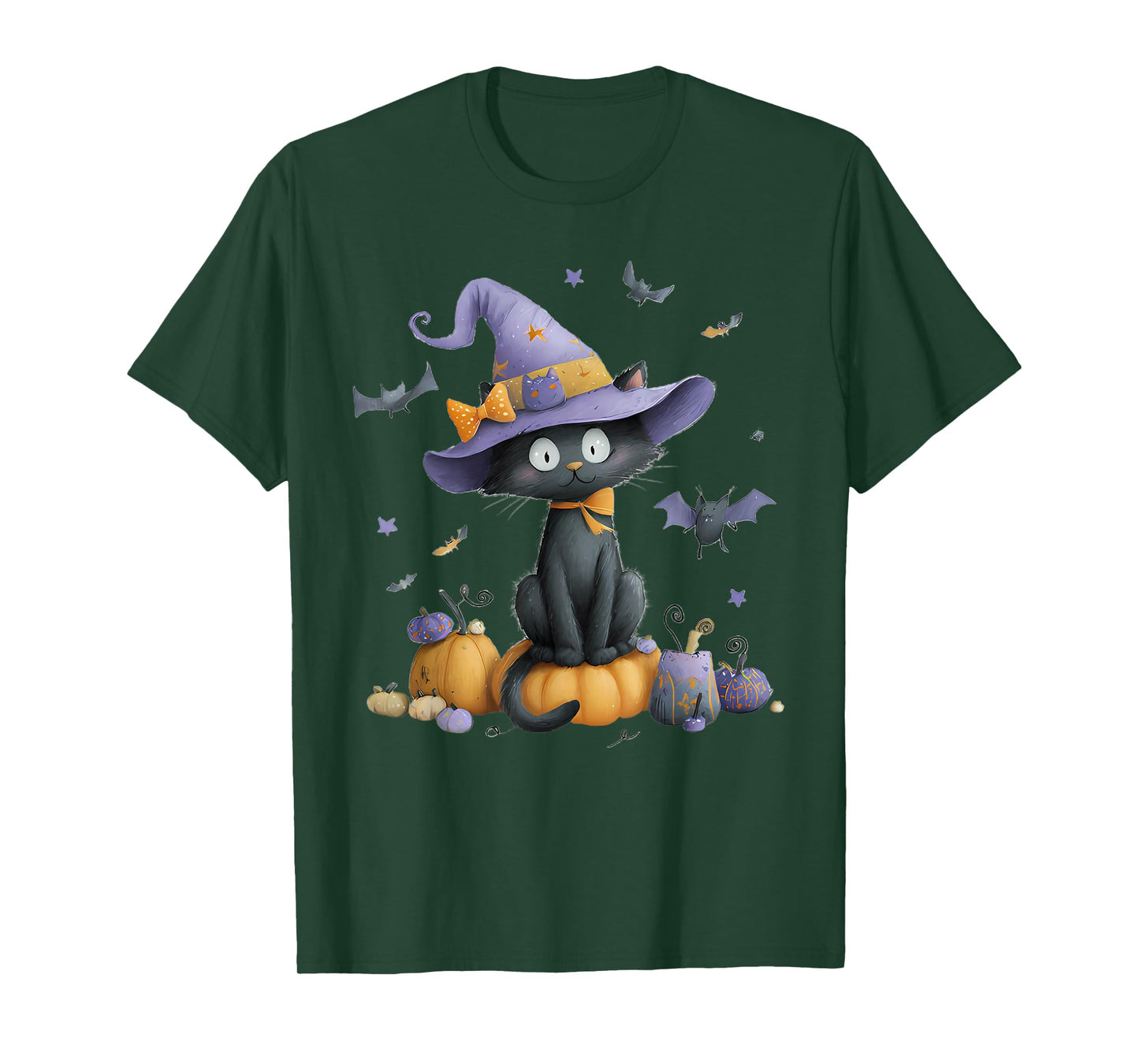 Funny Black Cat Witch Scary Halloween Pumpkin Women Men Kids T-Shirt