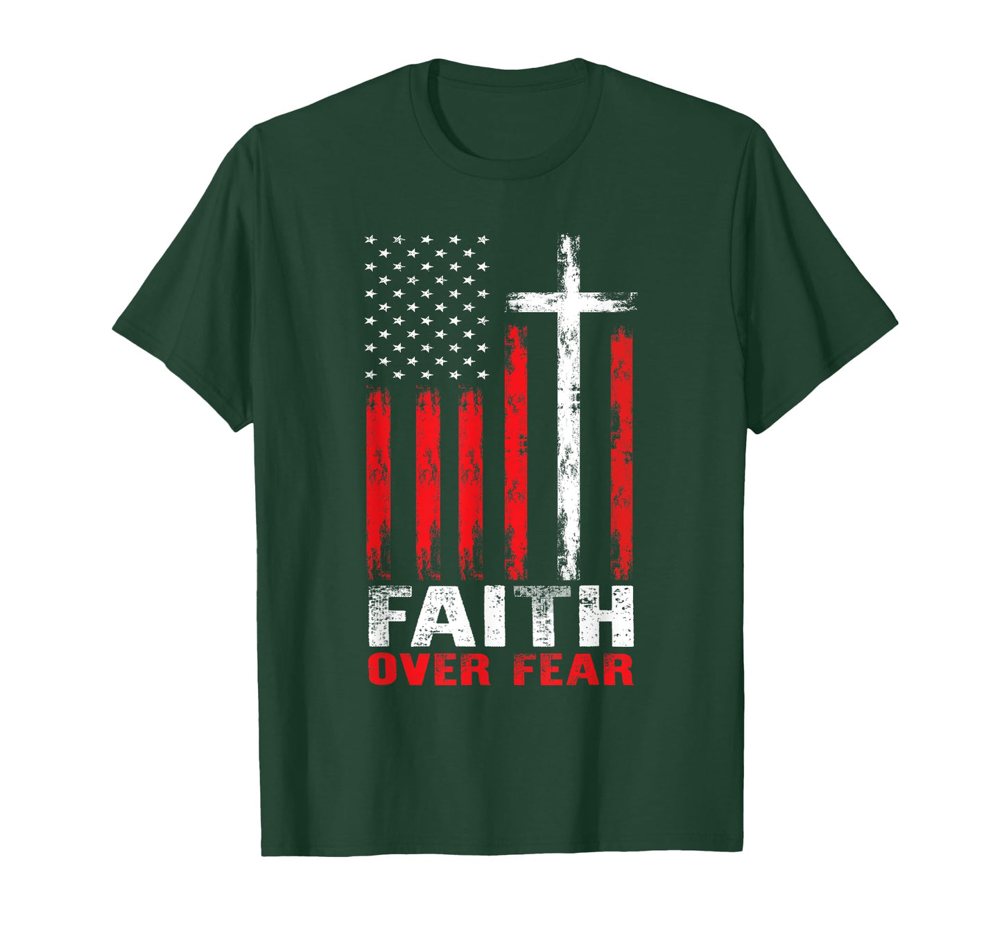 Faith Over Fear Christian Cross American Flag Distress T-Shirt