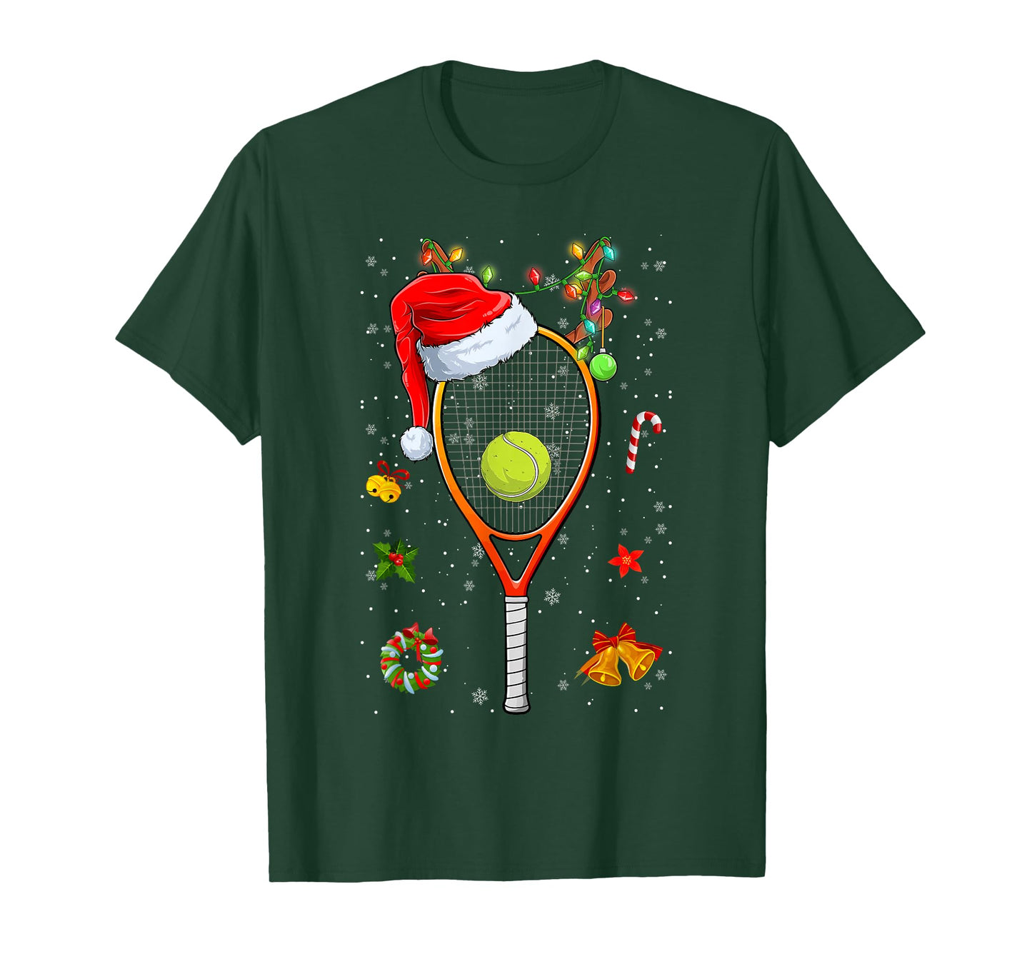 Funny Tennis Racket Reindeer Santa Hat Christmas Lights Xmas T-Shirt