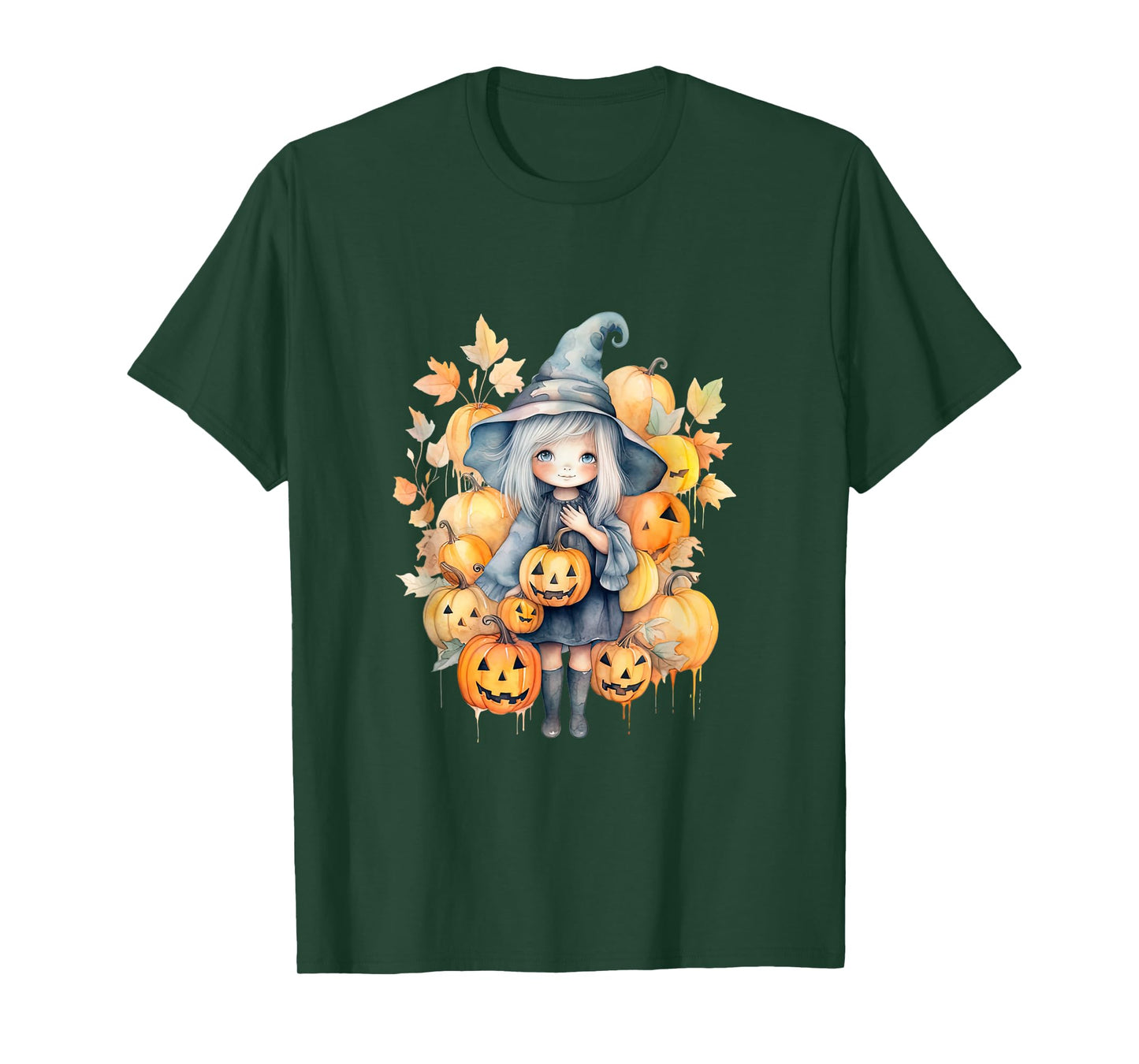 Watercolor Cute Halloween Pumpkin Girl Fall Autumn Leafs T-Shirt