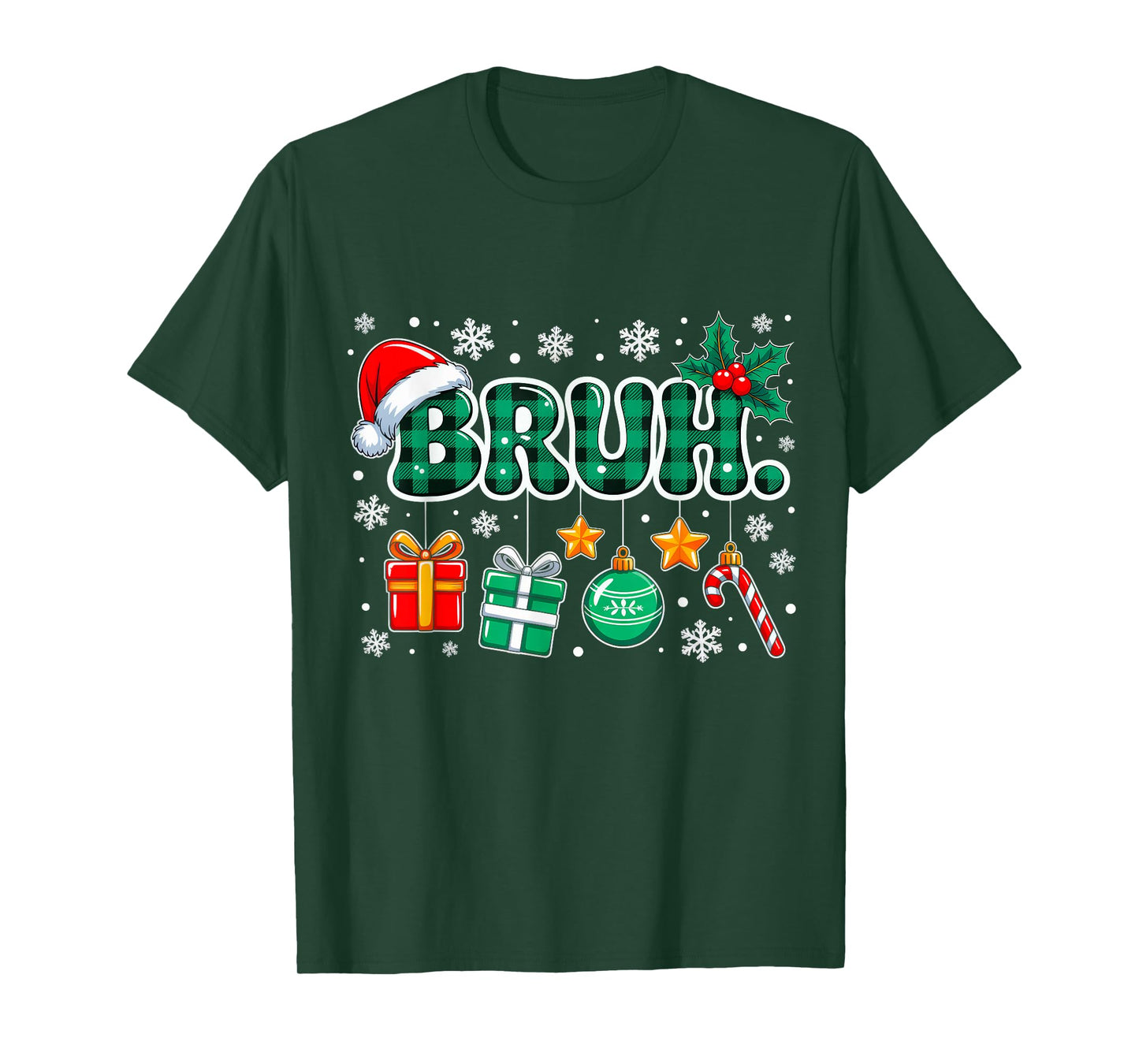 Bruh Funny Christmas Green Plaid Teens Boys Kid Xmas Pajamas T-Shirt