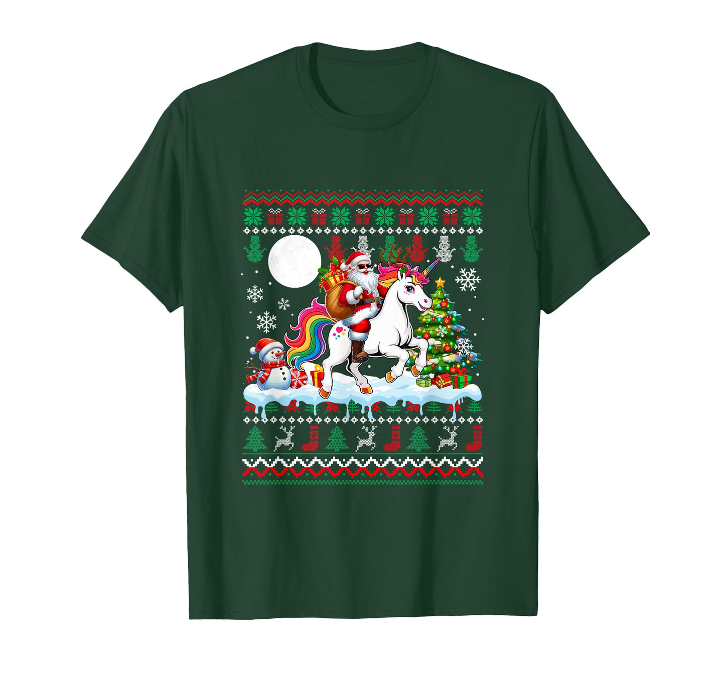 Santa Sunglasses Riding Unicorn Christmas Sweater Snowman T-Shirt