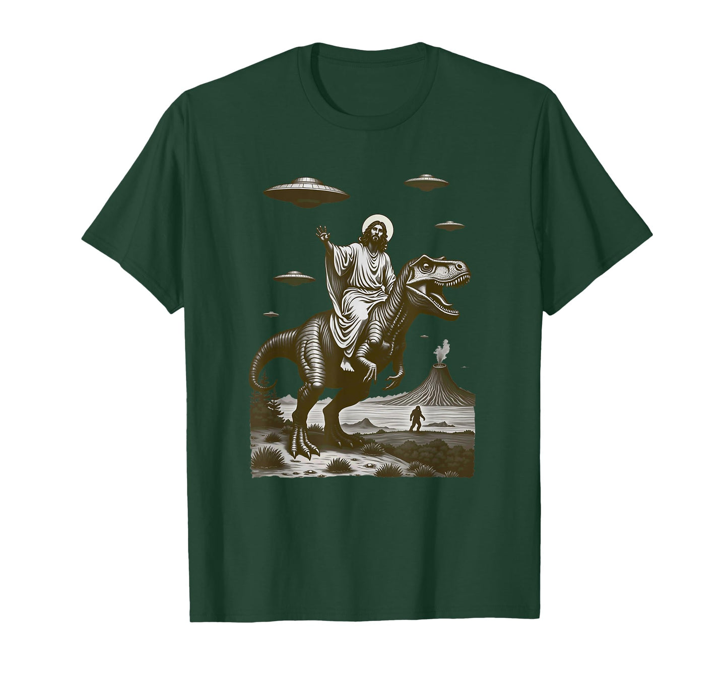 Jesus on Dinosaur Alien Flying Saucer Bigfoot T-Shirt