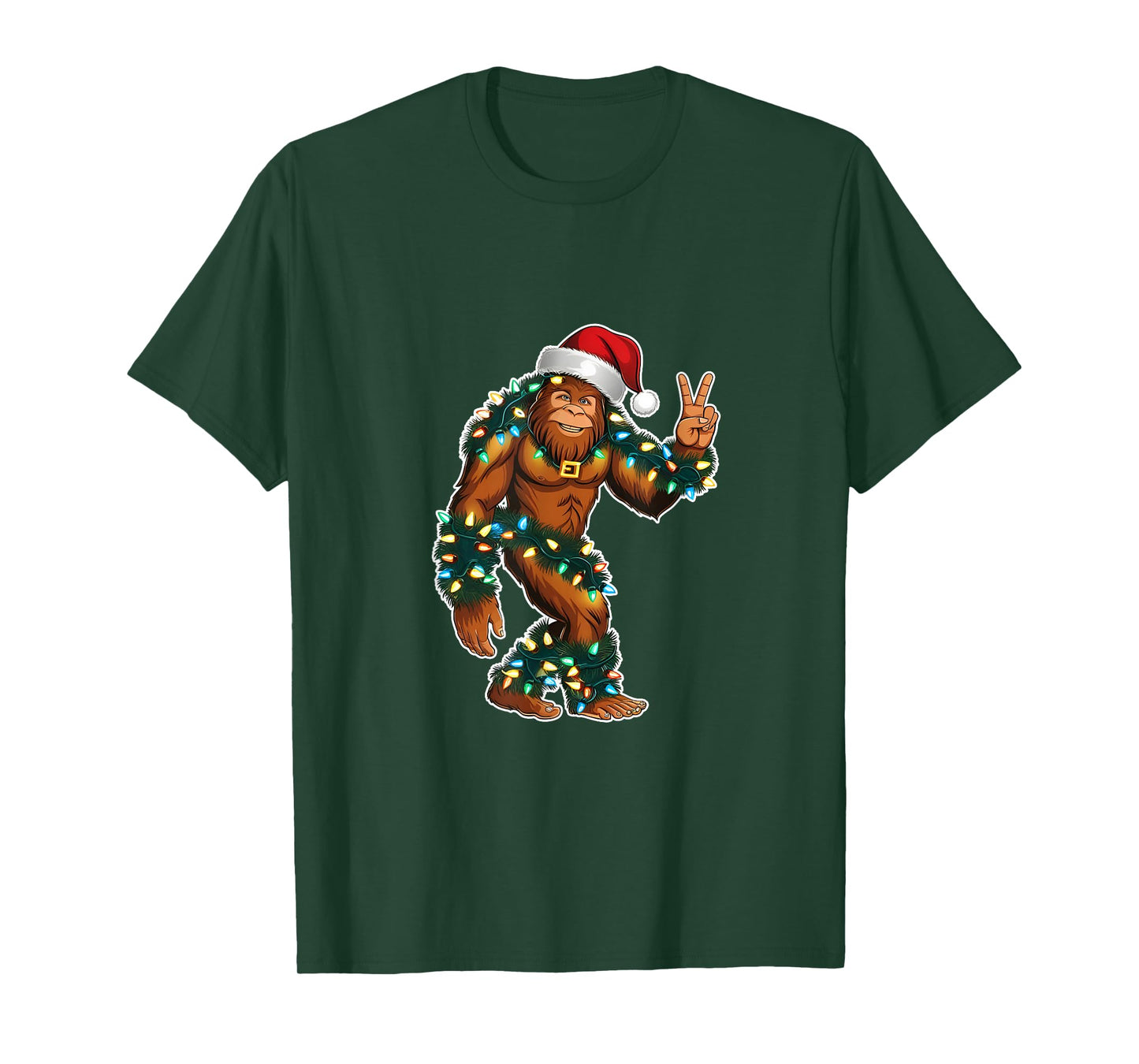 Holiday Sasquatch with Xmas Lights and Santa Hat Peace Sign T-Shirt