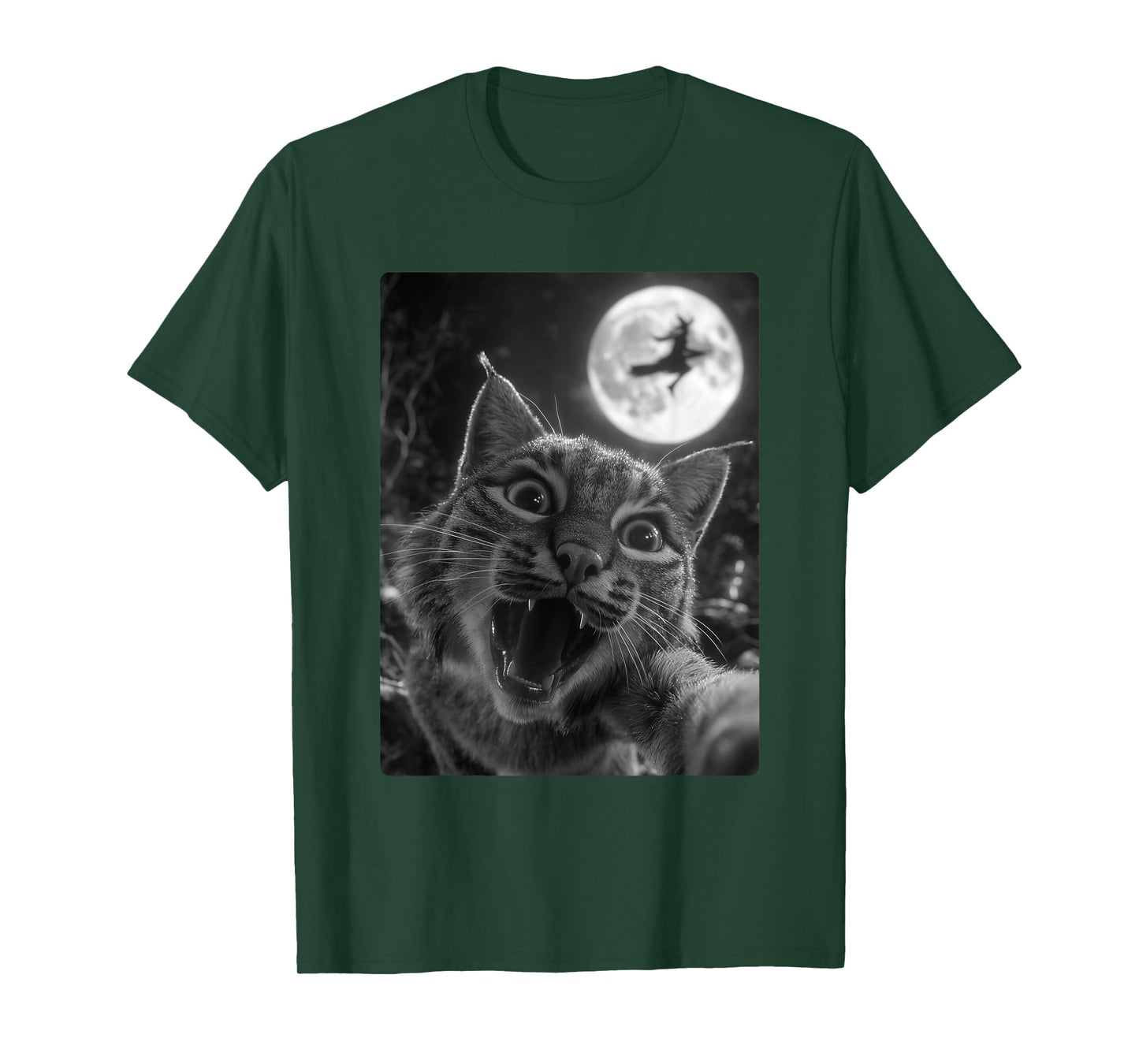 Funny Bobcat Selfie Full Moon Flying Witch Forest Halloween T-Shirt