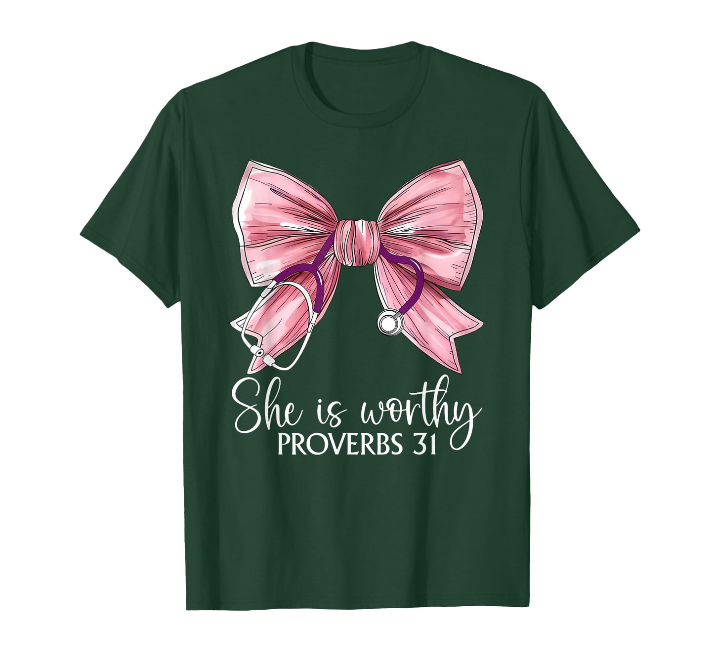 Stethoscope Coquette Bow She Is Worthy Christian Bible Nurse T-Shirt