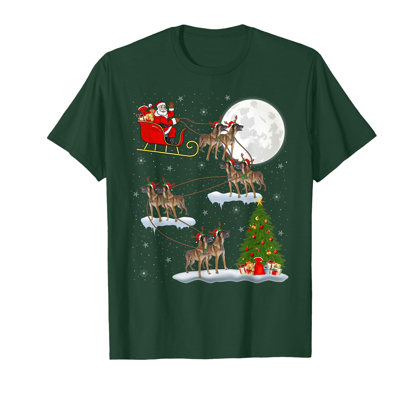 Belgian Malinois Dog Santa Sleigh Flying Funny Christmas T-Shirt