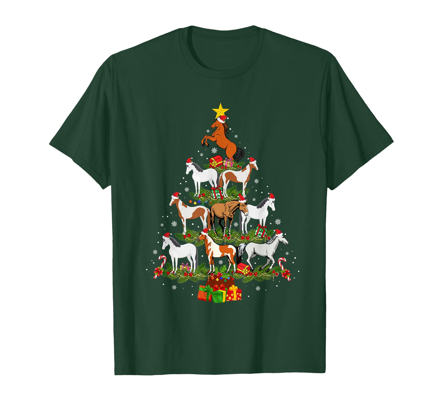 Horse Christmas Tree Lights Funny Xmas Family Men Women T-Shirt