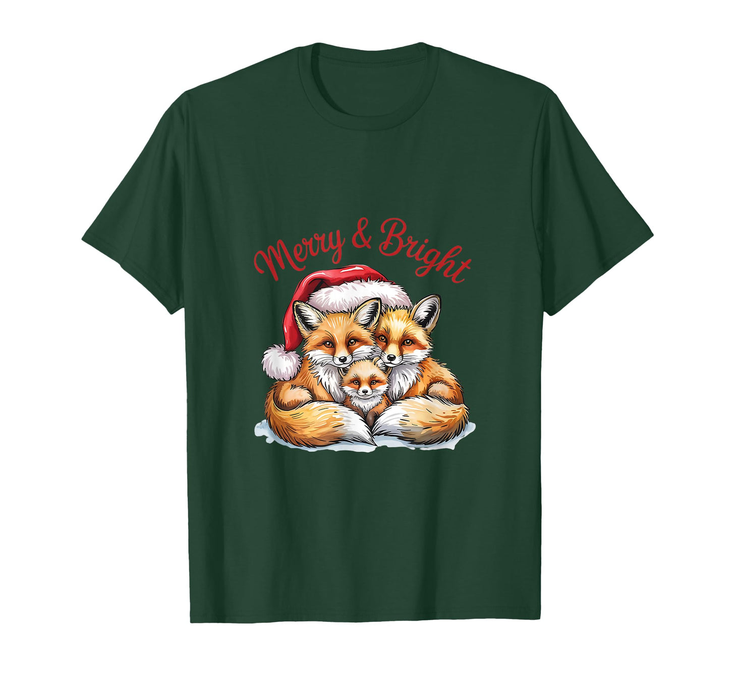 Merry Fox Family Christmas Art with Santa Hat T-Shirt