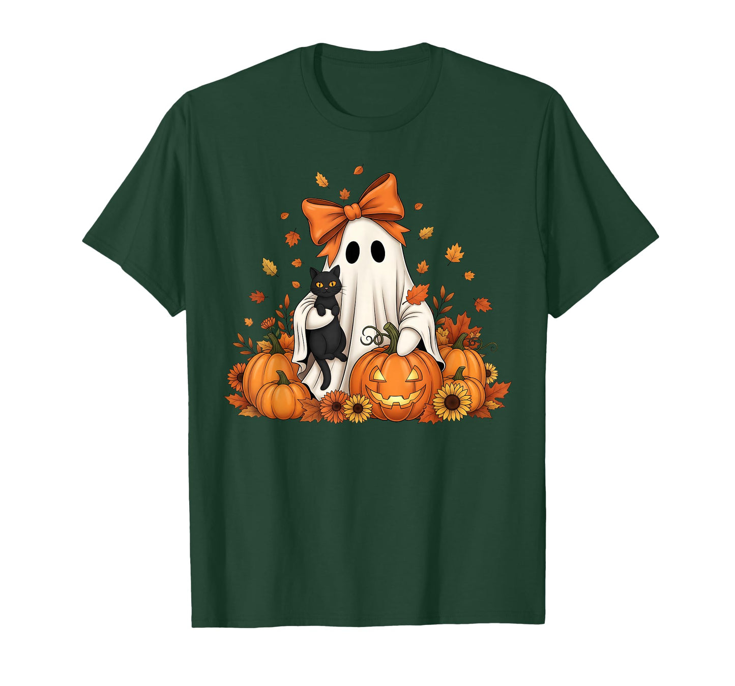 Vintage Halloween Ghost Holding Black Cat Groovy Floral T-Shirt