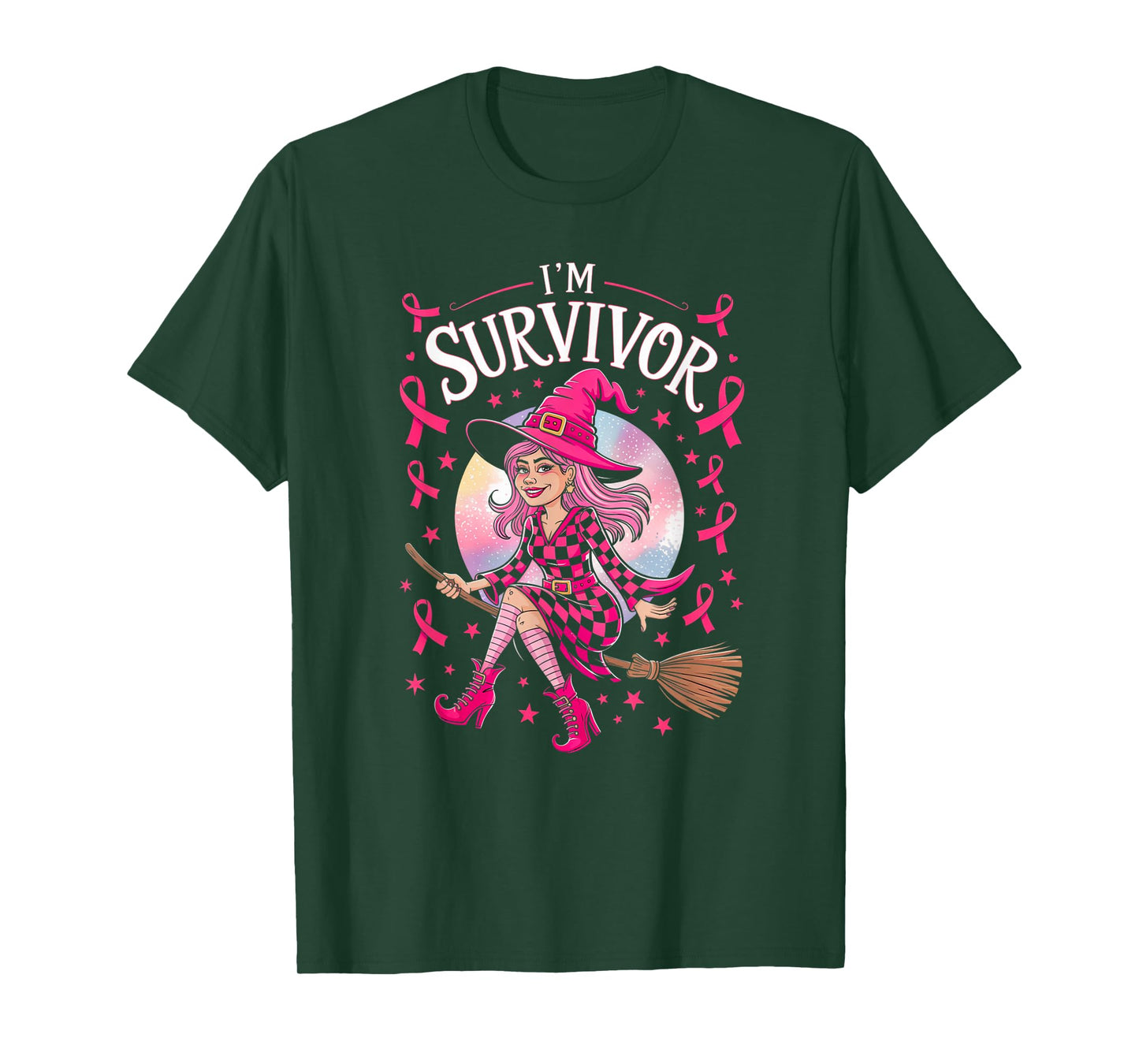 Halloween Party Witch Pink Ribbon Survivor Breast Cancer T-Shirt