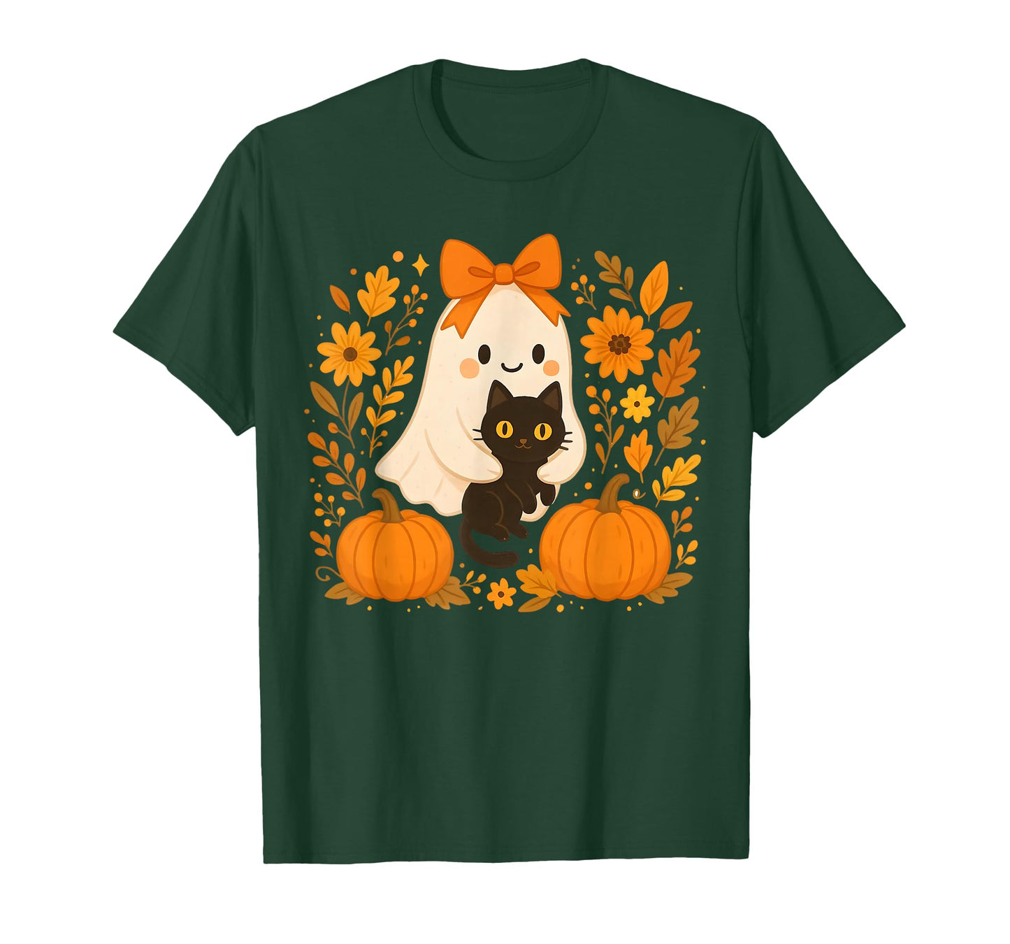 Vintage Halloween Ghost Holding Black Cat Groovy Floral T-Shirt