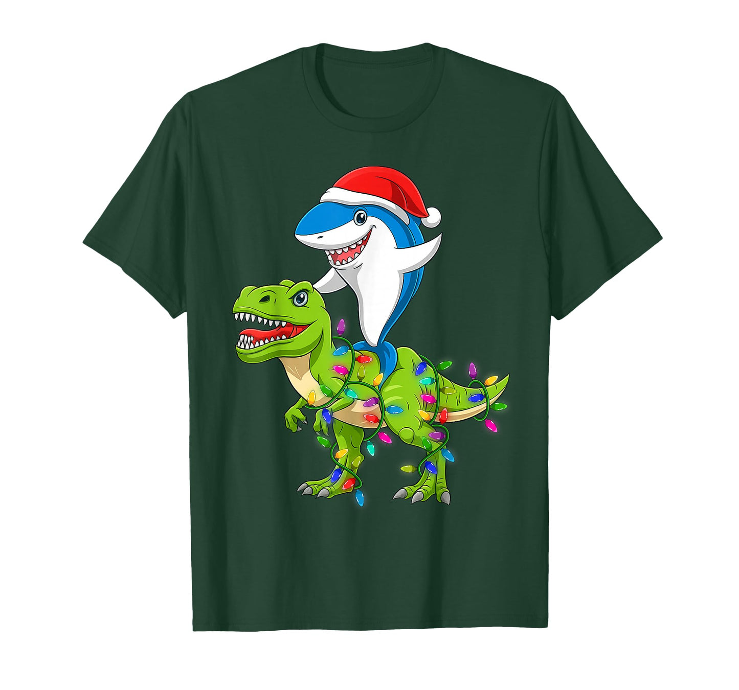 Shark Riding Dinosaur Christmas Lighting Mens Xmas Squad T-Shirt