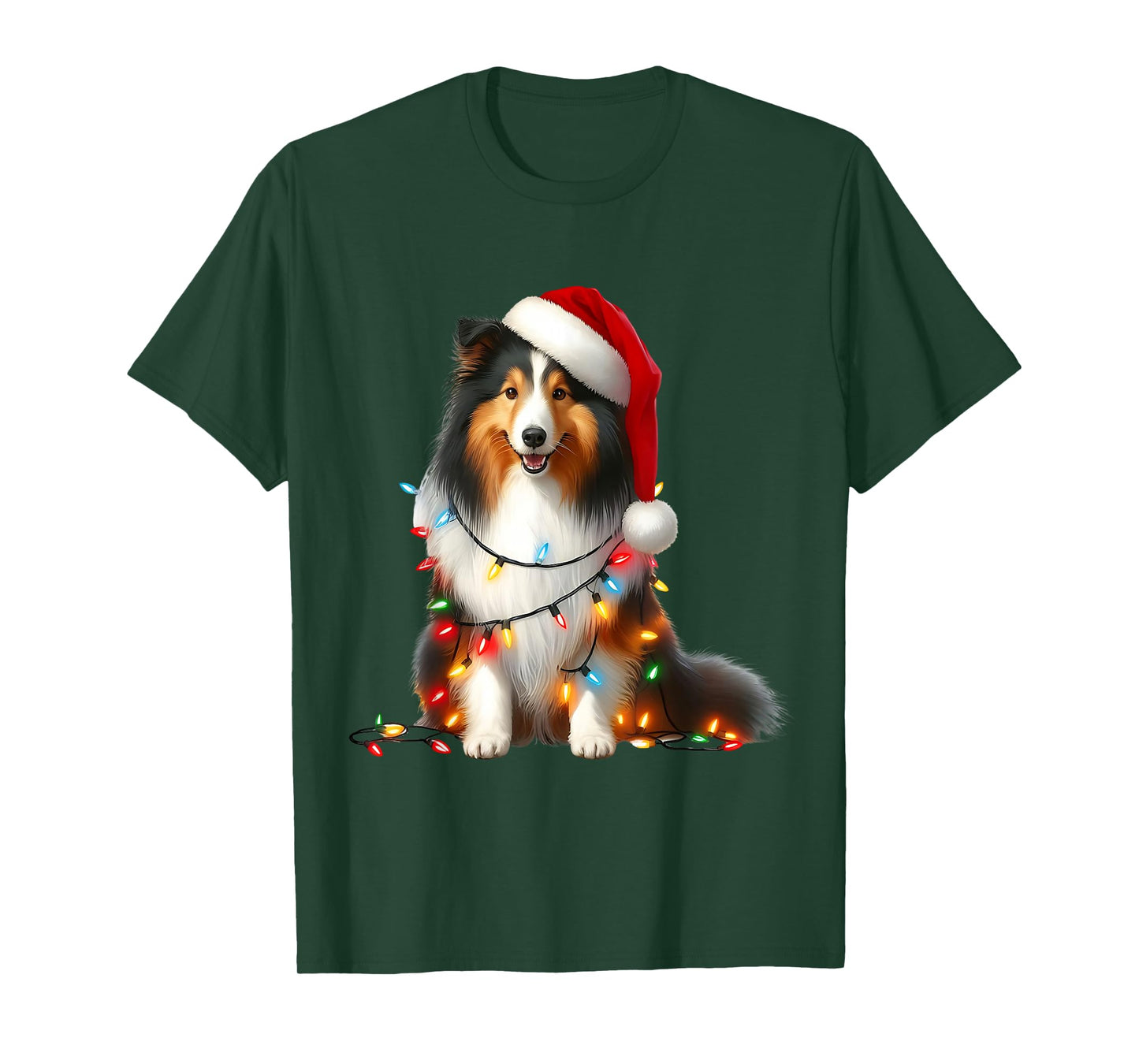 Shetland Sheepdog Dog Christmas Lights Santa Hat Dog Lover T-Shirt