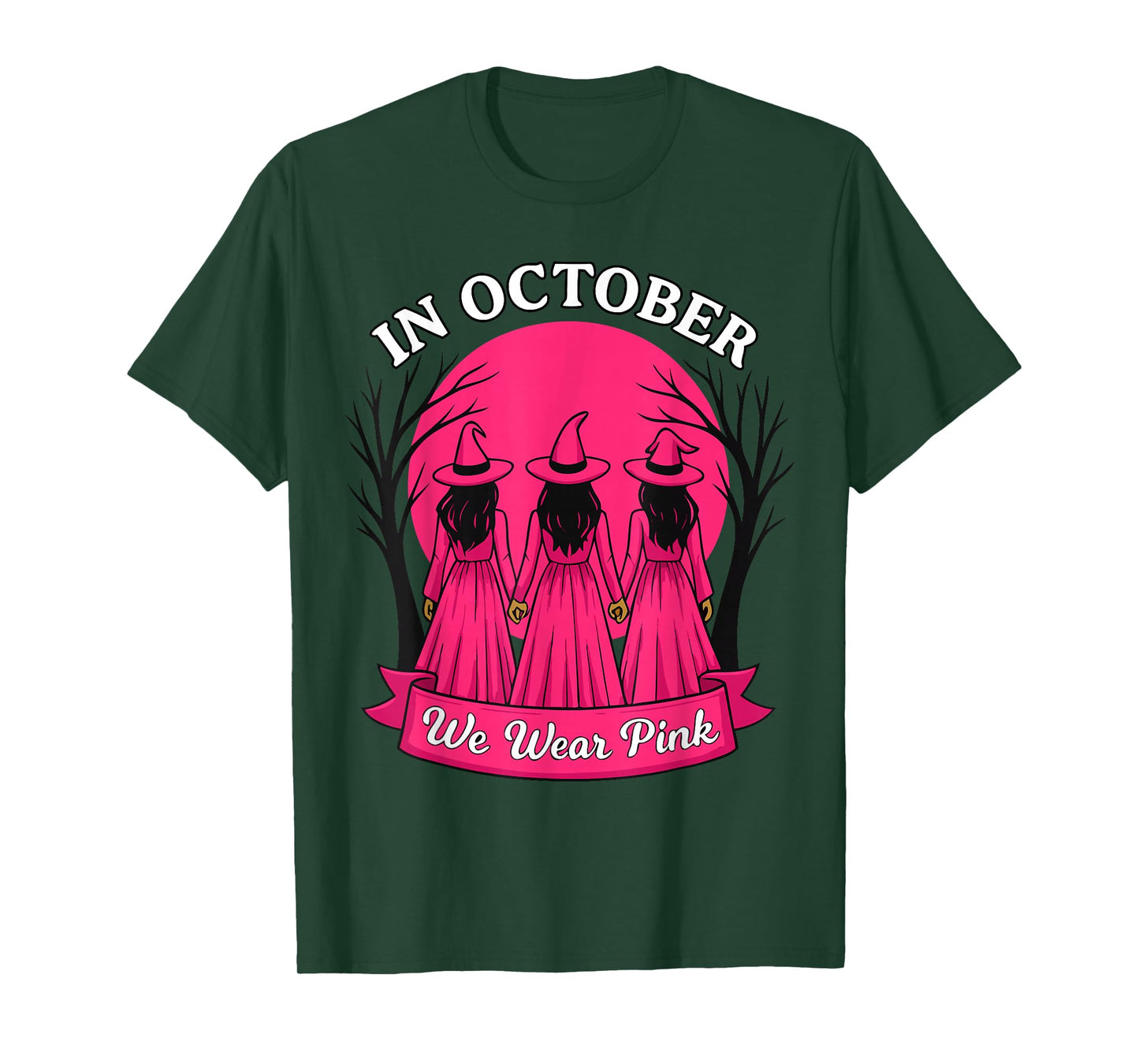 in October We Wear Pink Witch Halloween Breast Cancer Women T-Shirt