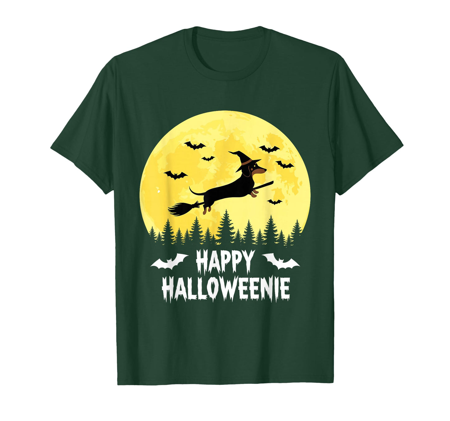 Happy Halloweenie Funny Halloween Dachshund Flying Witch T-Shirt