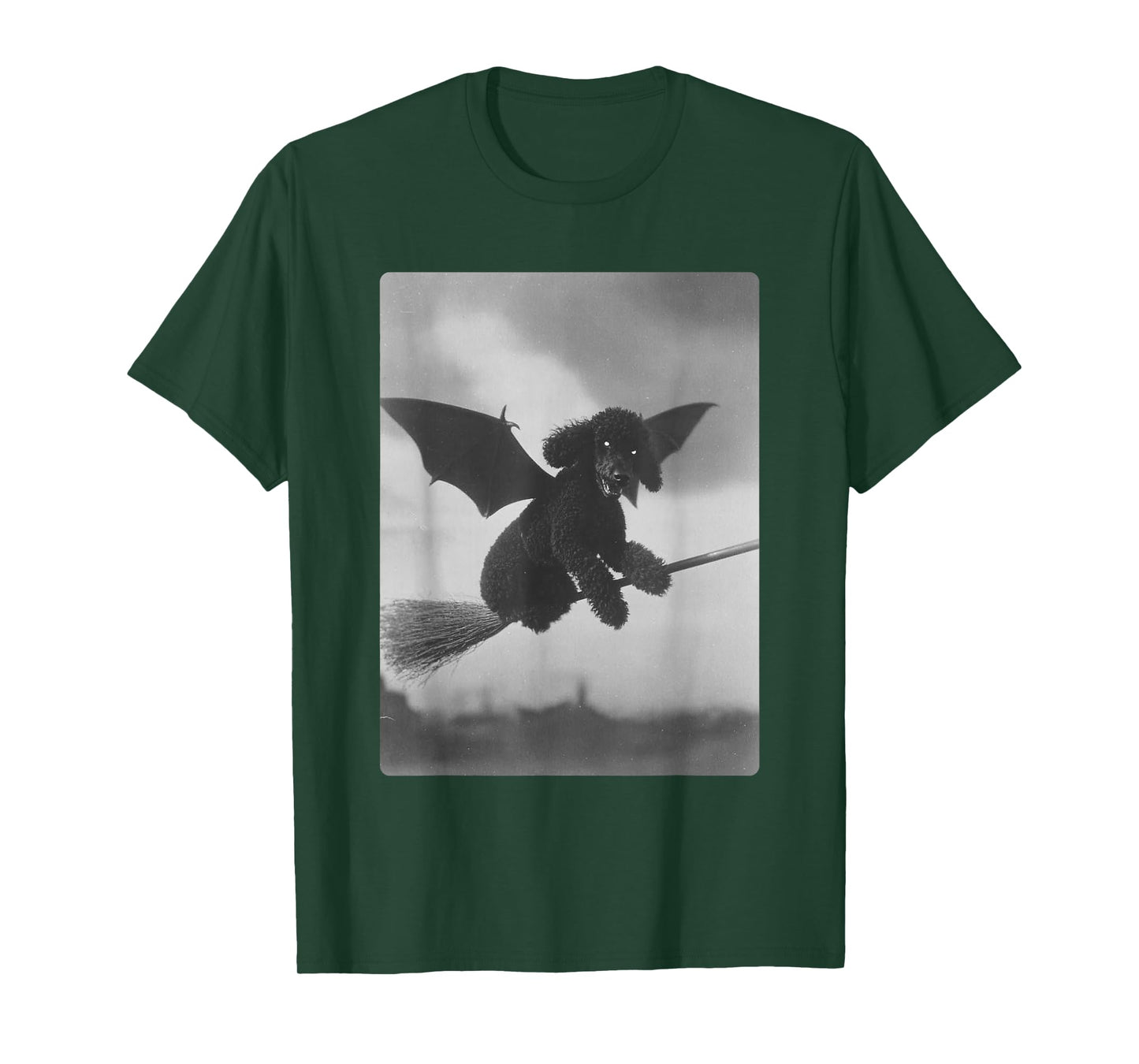 Gothic Poodle Witch Broom Bat Wings Spooky Halloween Dog T-Shirt