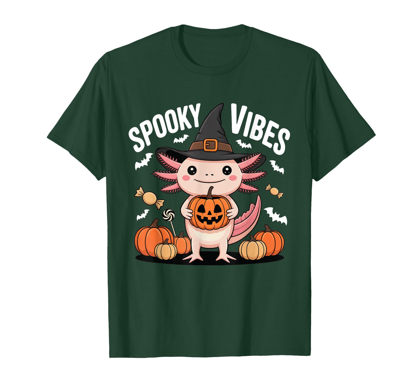 Cute Axolotl Witch Spooky Vibes Funny Halloween Pumpkin T-Shirt