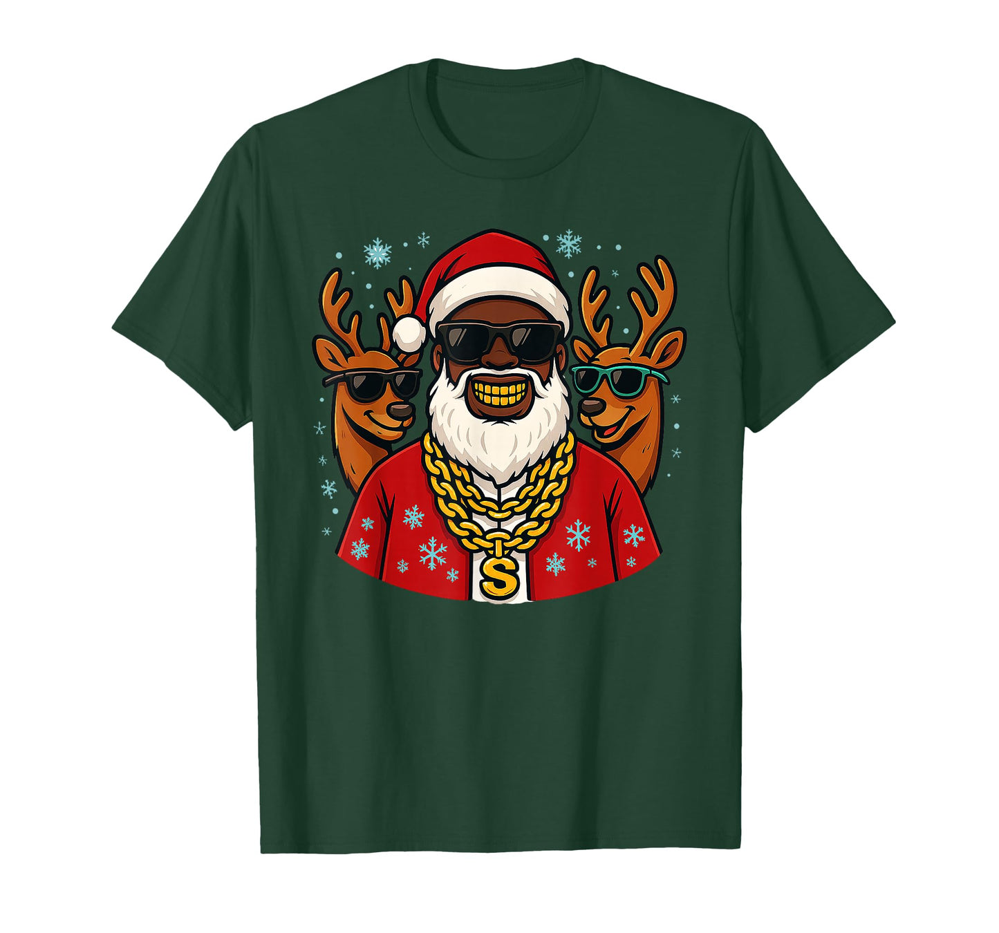 Santa Hip Hop Christmas with Chains, Grill and Reindeer T-Shirt