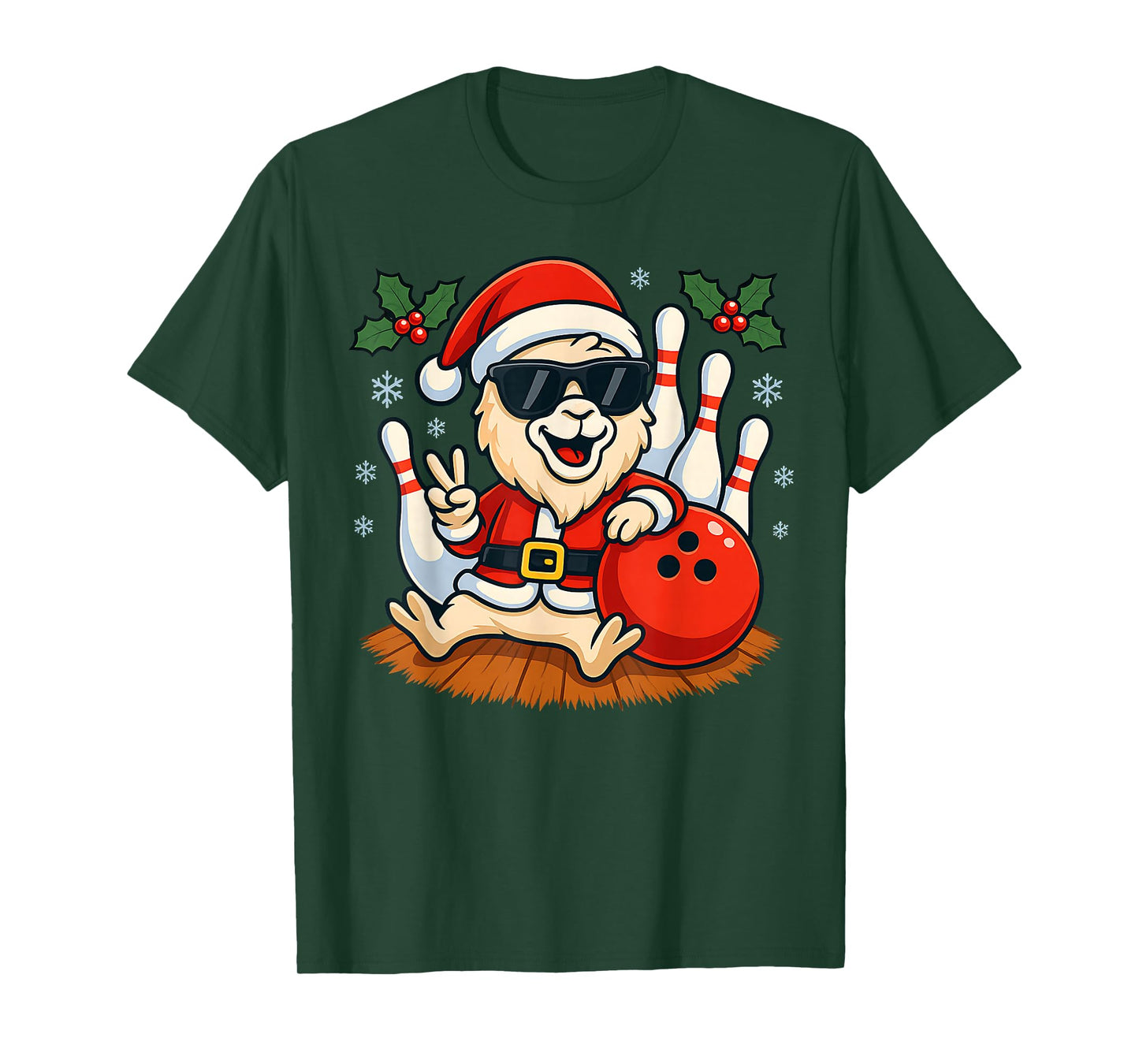 Santa Llama Bowling Christmas Funny Holiday Vibes Men Women T-Shirt