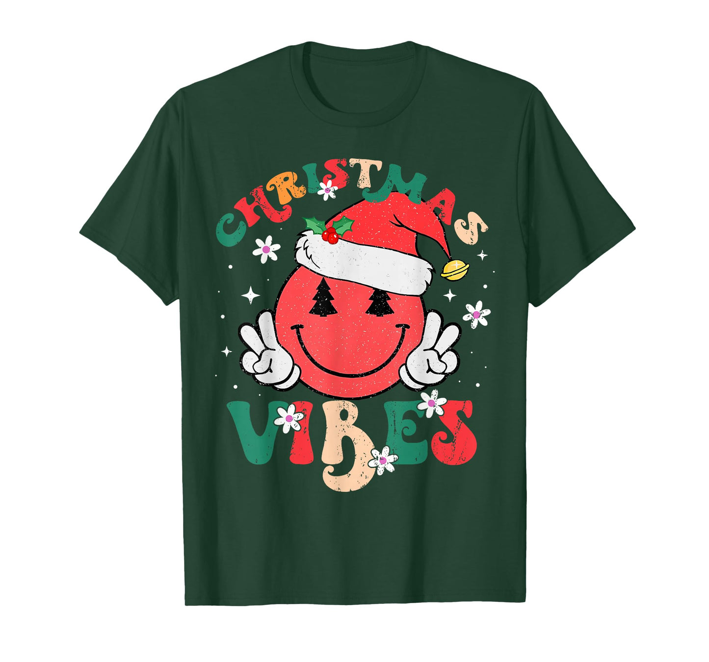 Groovy Christmas Vibes Santa Hat Xmas Teens Girls T-Shirt