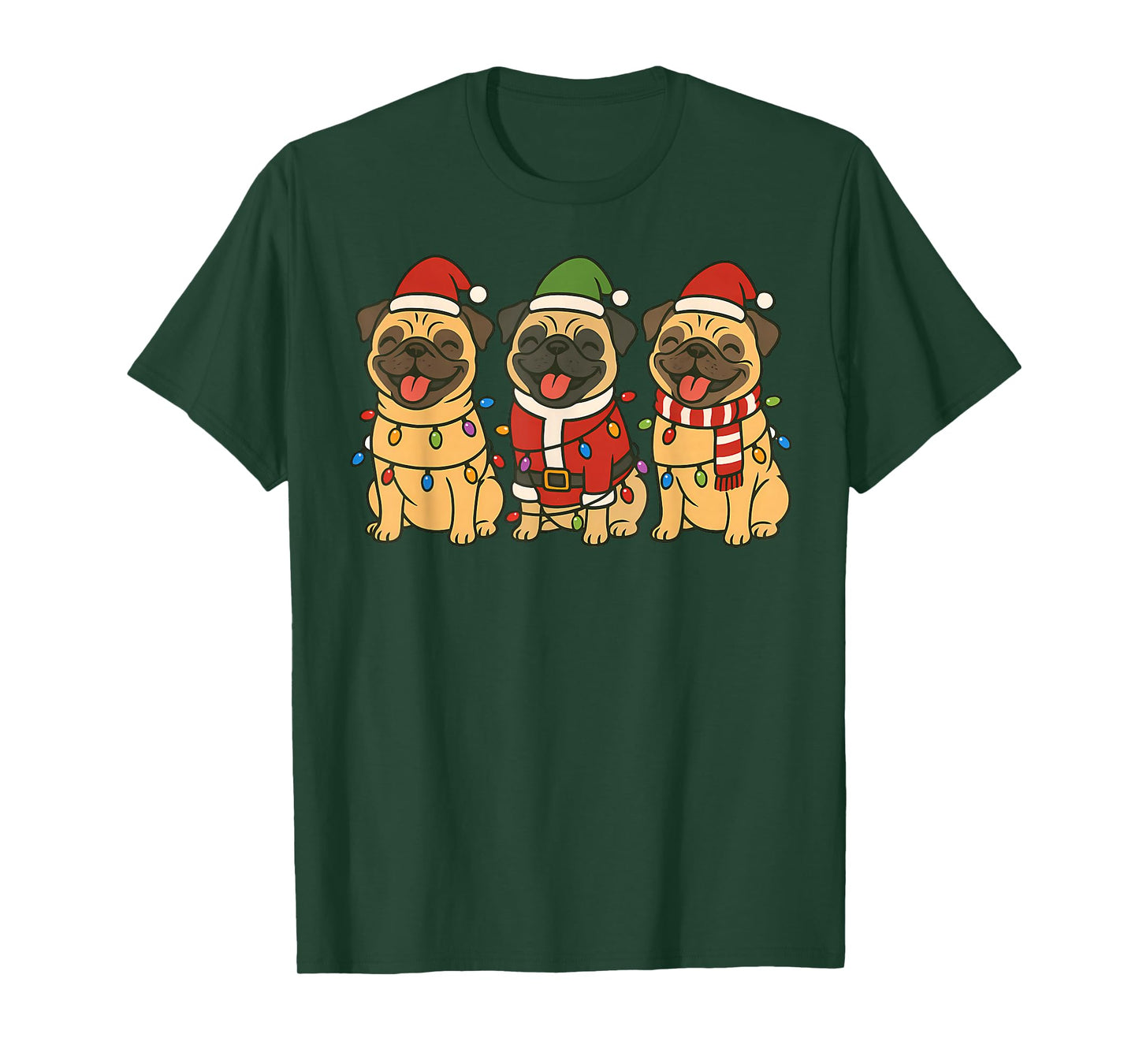 Cute Pug Dogs Christmas Lights Santa Holiday Fun Men Women T-Shirt