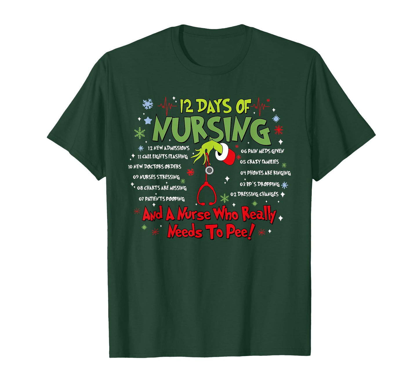 12 Days of Nursing Stethoscope Nurse Christmas Xmas Holiday T-Shirt
