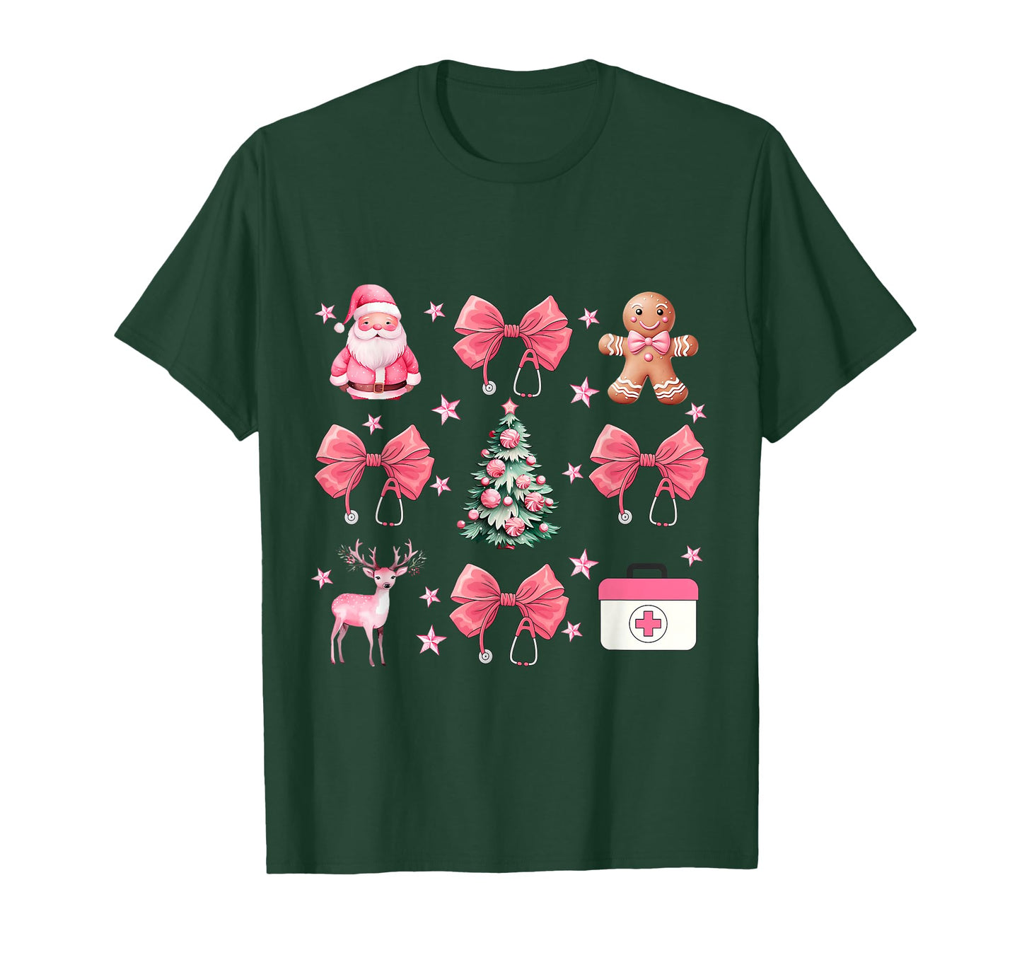 Coquette Bow Pink Nurse Tree Santa Gingerbread Christmas T-Shirt