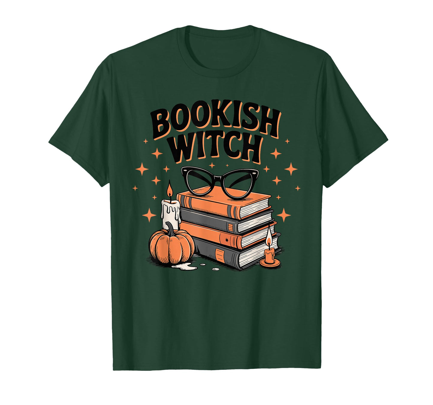 Bookish Witch Glasses Books Pumpkin Candles Scene T-Shirt