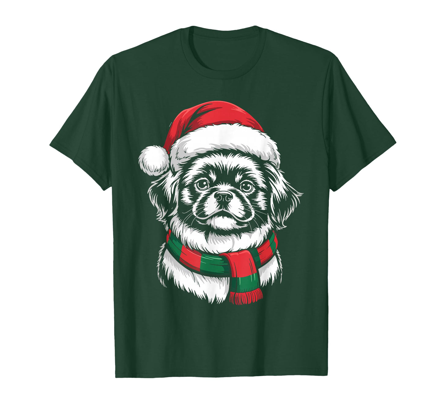 Pekingese Dog Xmas Santa Hat Scarf Christmas Costume T-Shirt