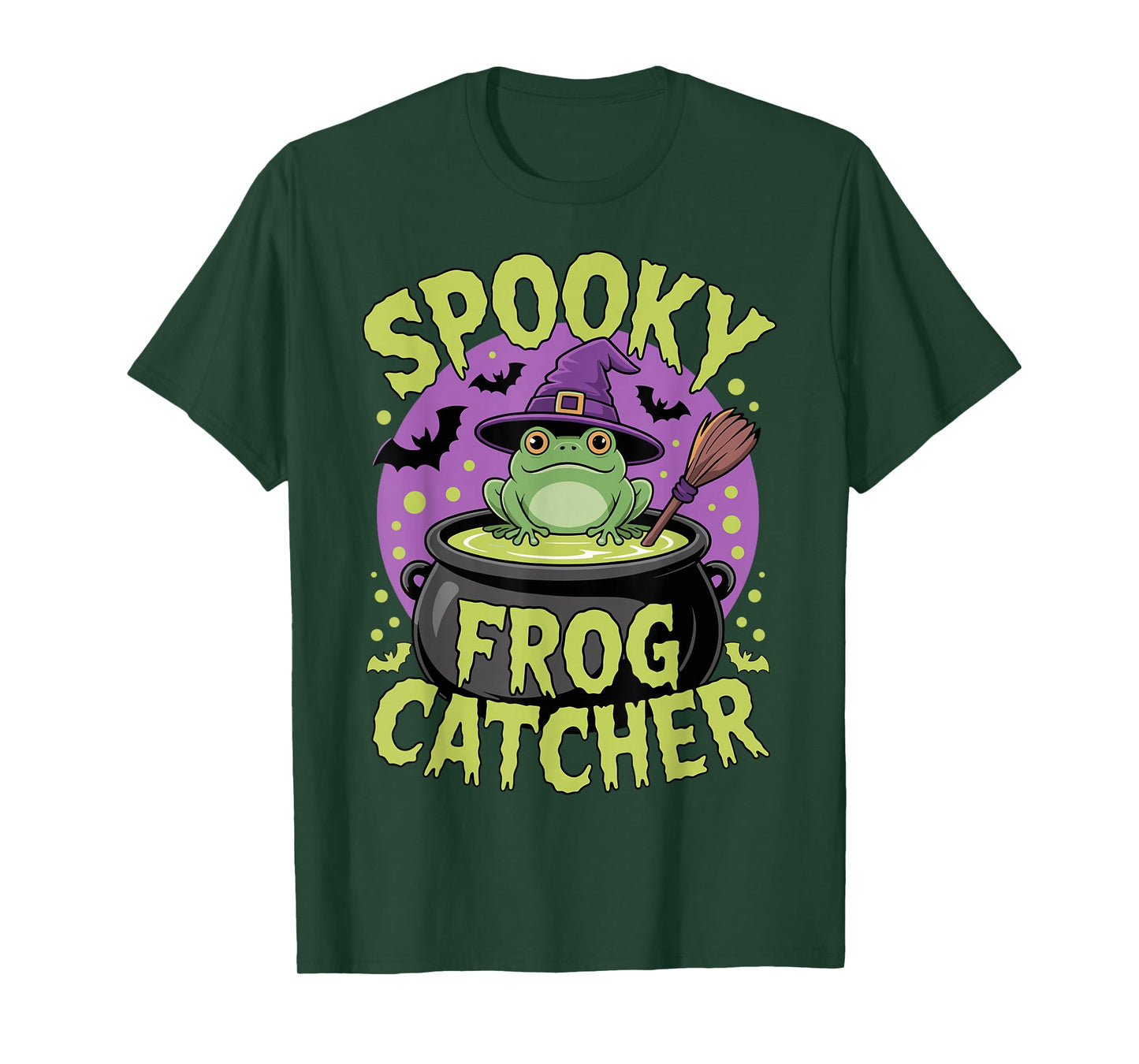 Kawaii Frog Witch with Bats and Cauldron Halloween T-Shirt