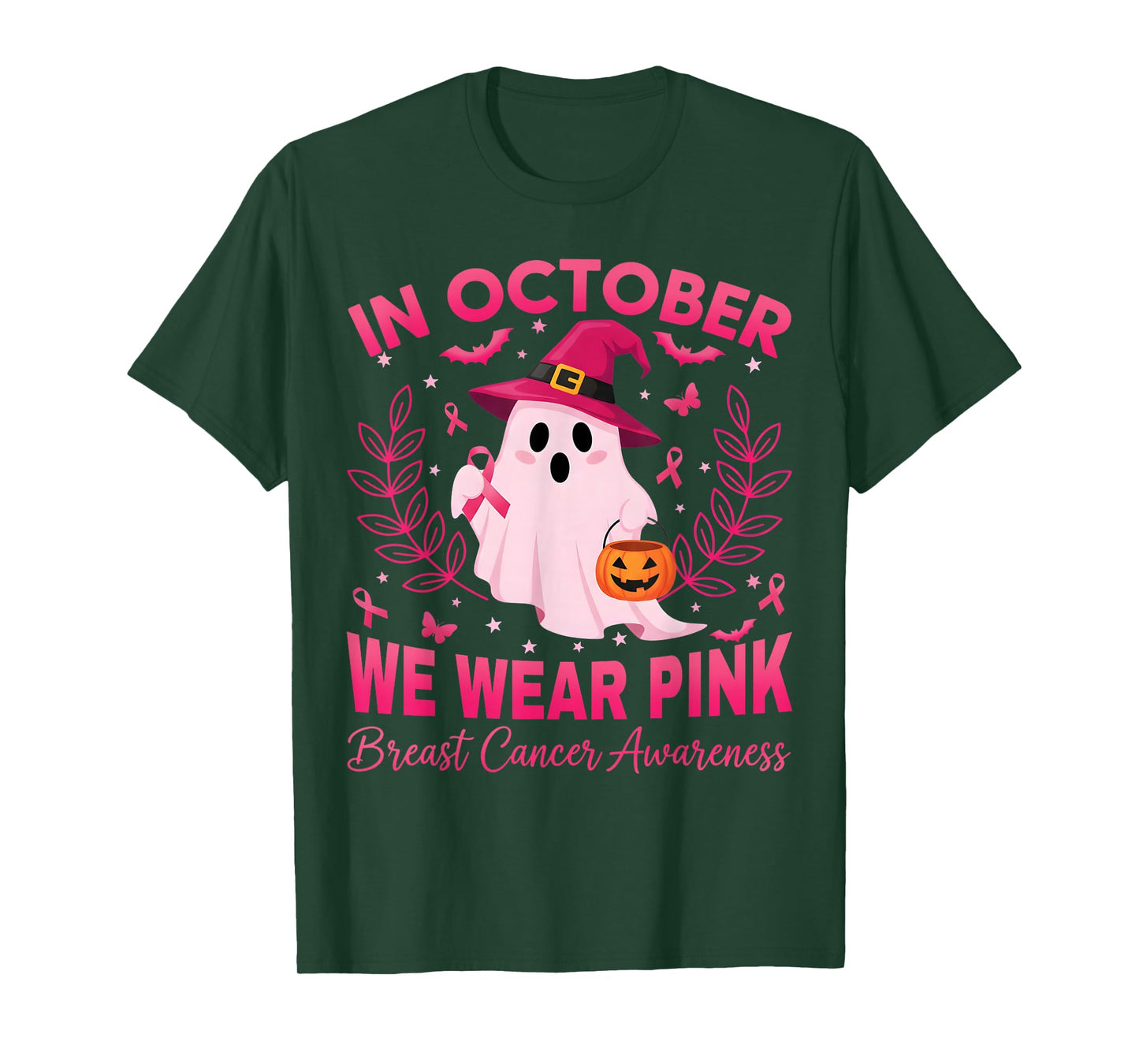 in October We Wear Pink Ghost Witch Breast Cancer Awareness T-Shirt