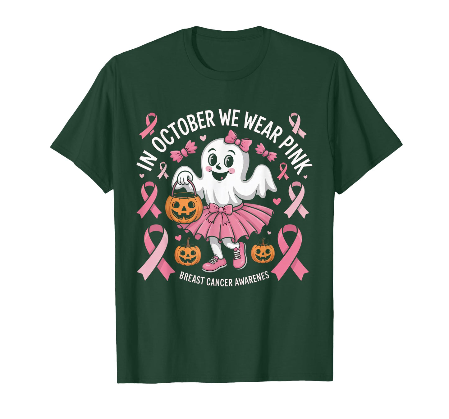 in October We Wear Pink Ghost Witch Breast Cancer Awareness T-Shirt